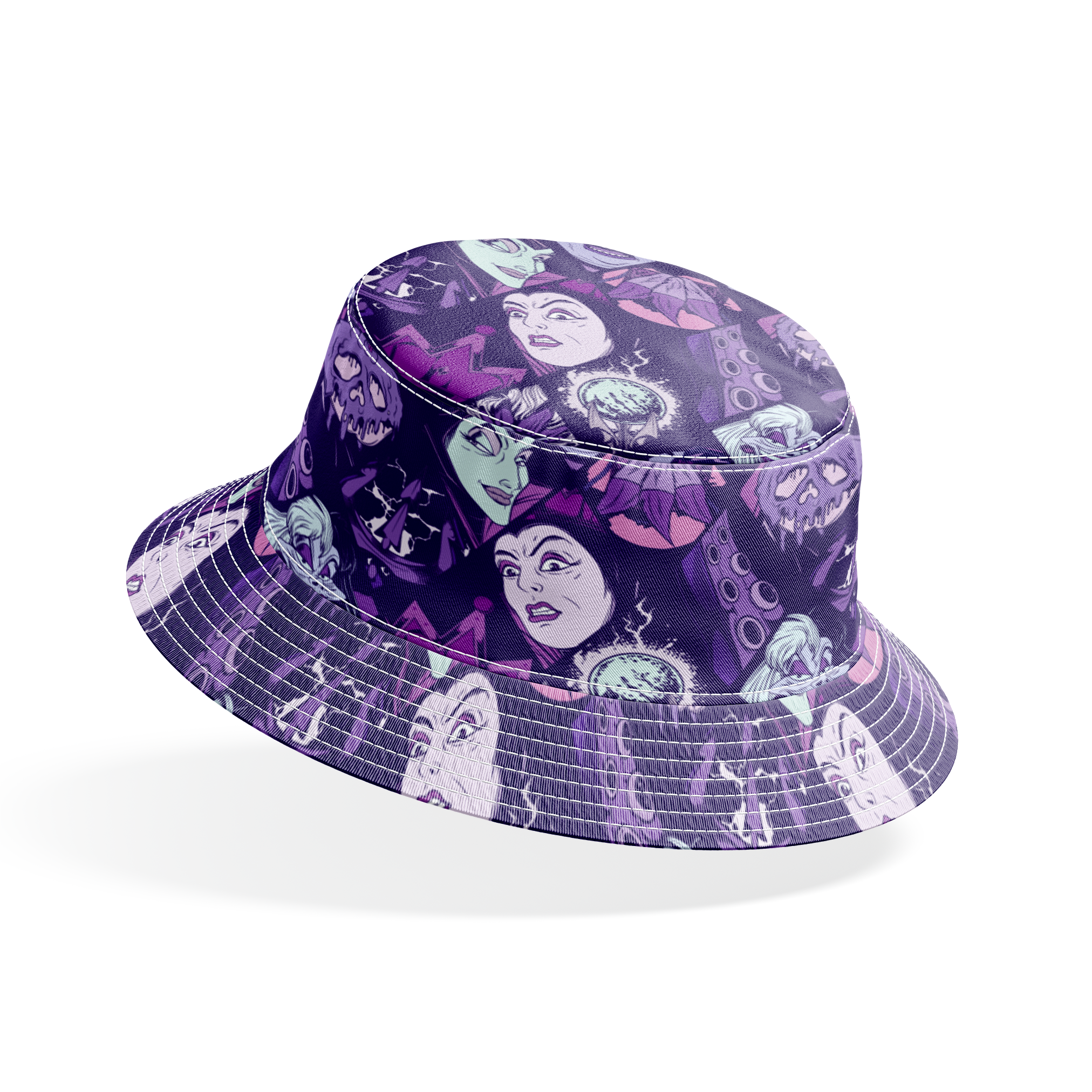 Stylized Disney villains in purple tones featuring evil queens, monsters, and creatures with sinister expressions. bucket hat mockup