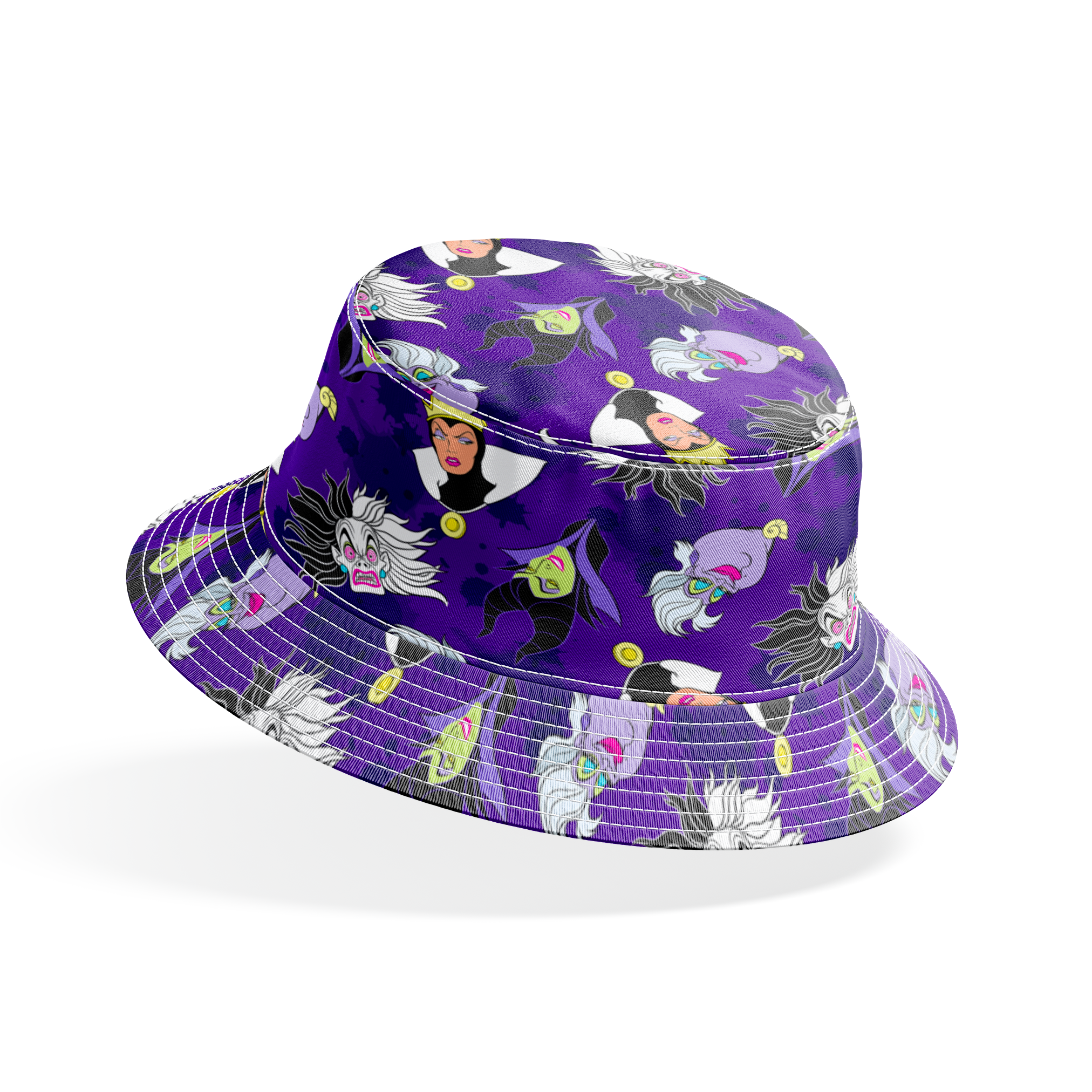 Disney villain pattern on purple background bucket hat mockup