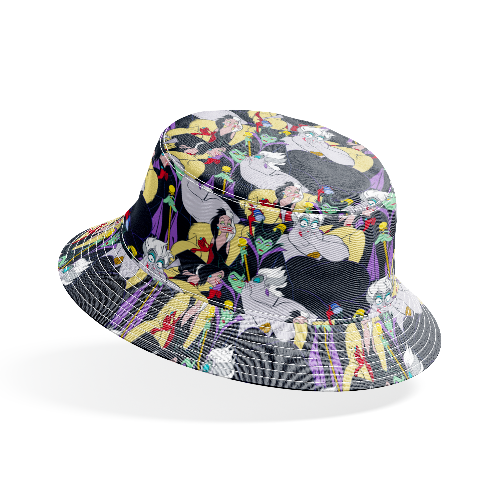 Colorful pattern of Disney villains including Ursula, Maleficent, and Cruella de Vil on dark background bucket hat mockup