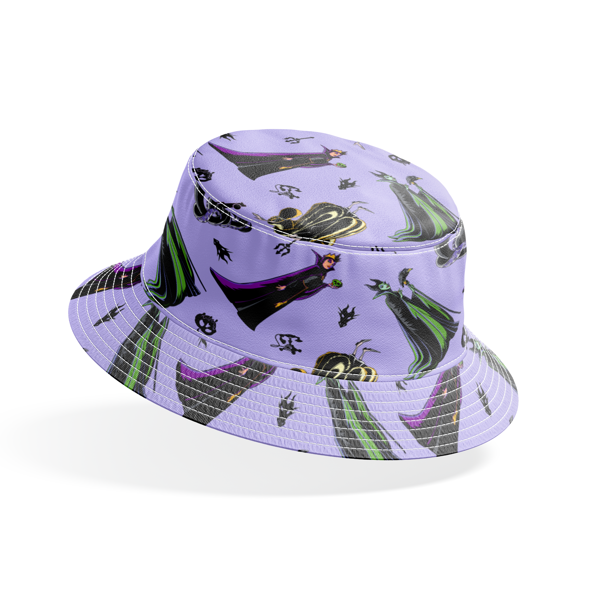 Disney villain characters pattern on purple background, featuring Maleficent and other iconic antagonists in stylized form bucket hat mockup