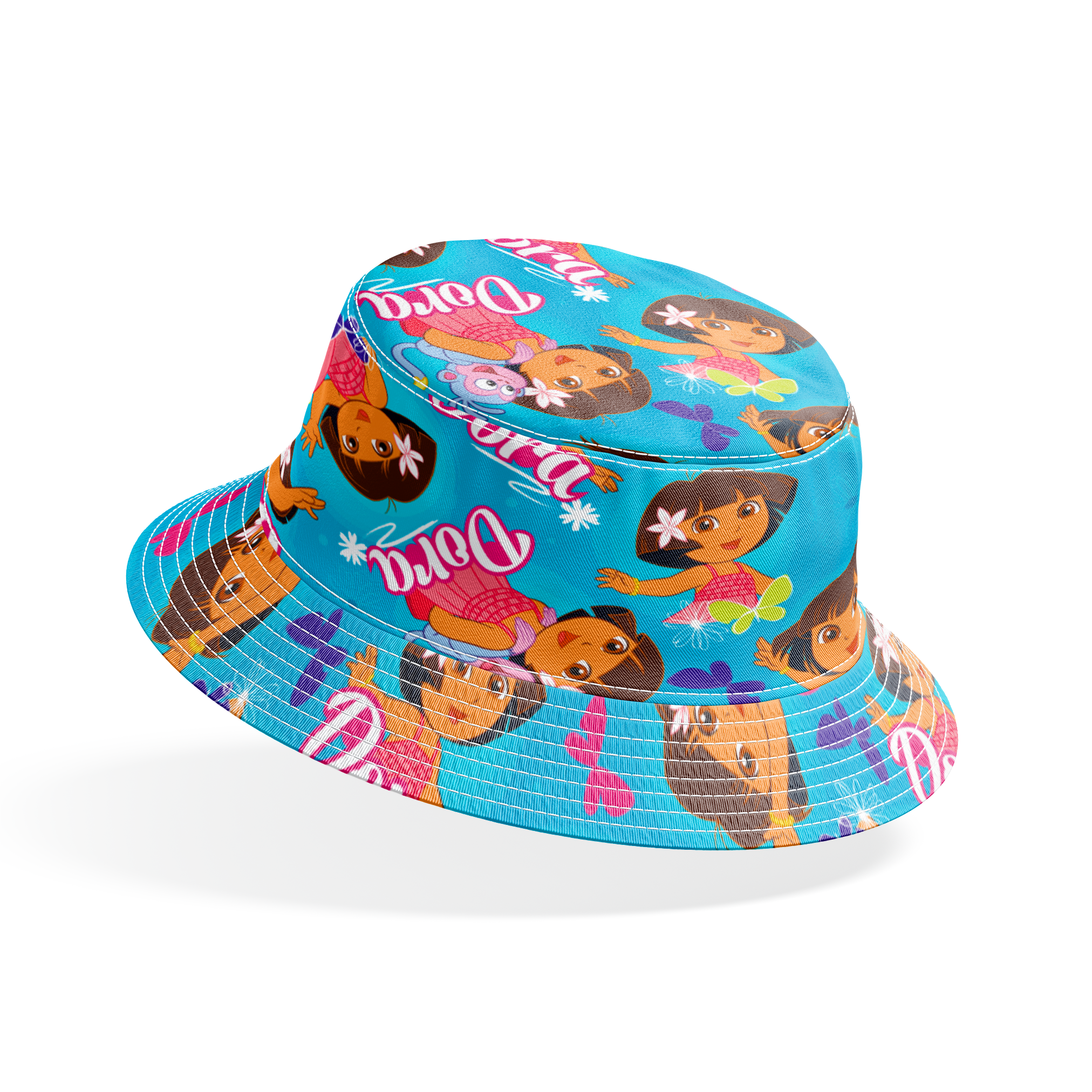 Bright blue pattern with cartoon character Dora, flowers, and "Dora" text repeated throughout bucket hat mockup
