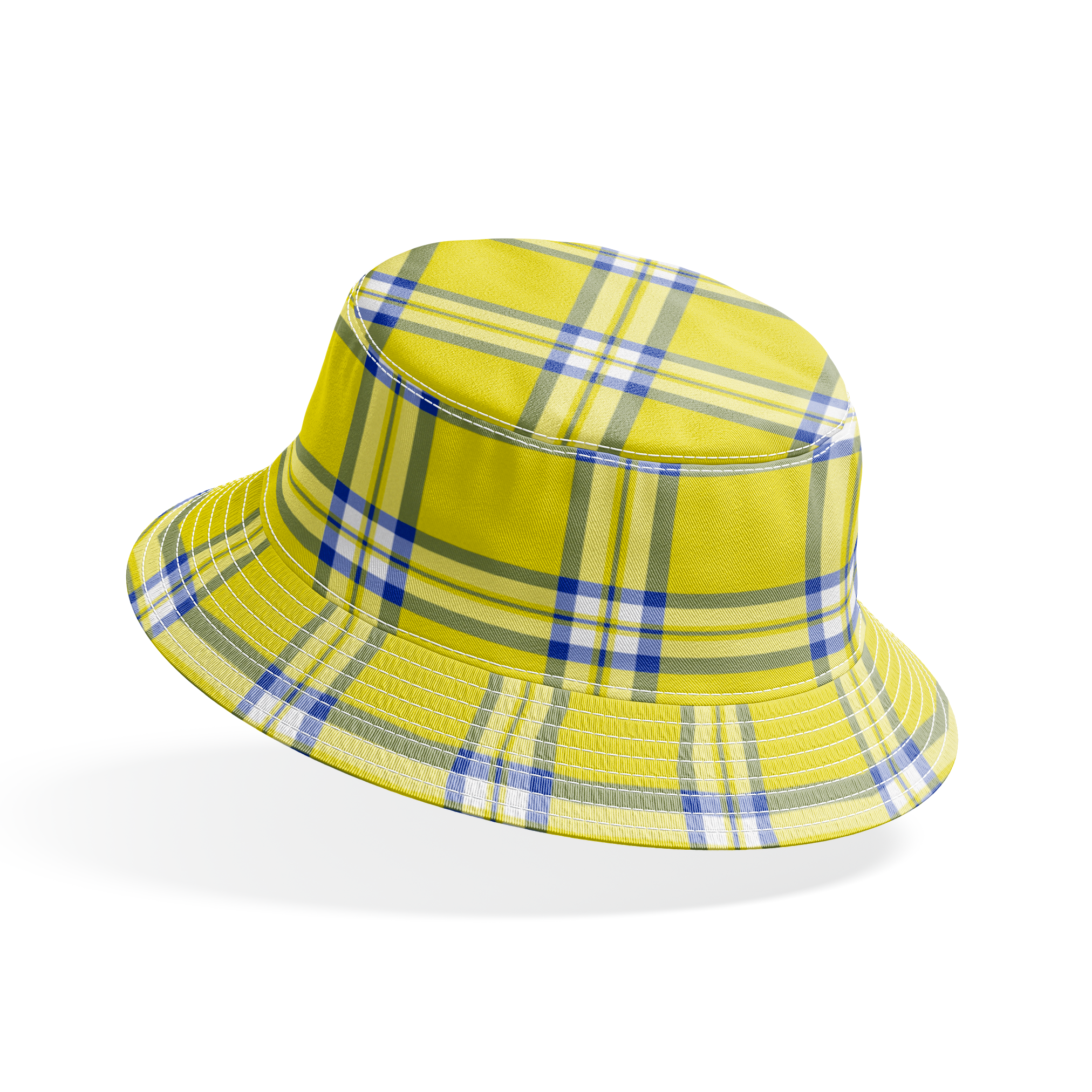Officially licensed Clueless yellow plaid with white, olive green, and blue stripes, inspired by Cher Horowitz’s iconic outfit. bucket hat mockup