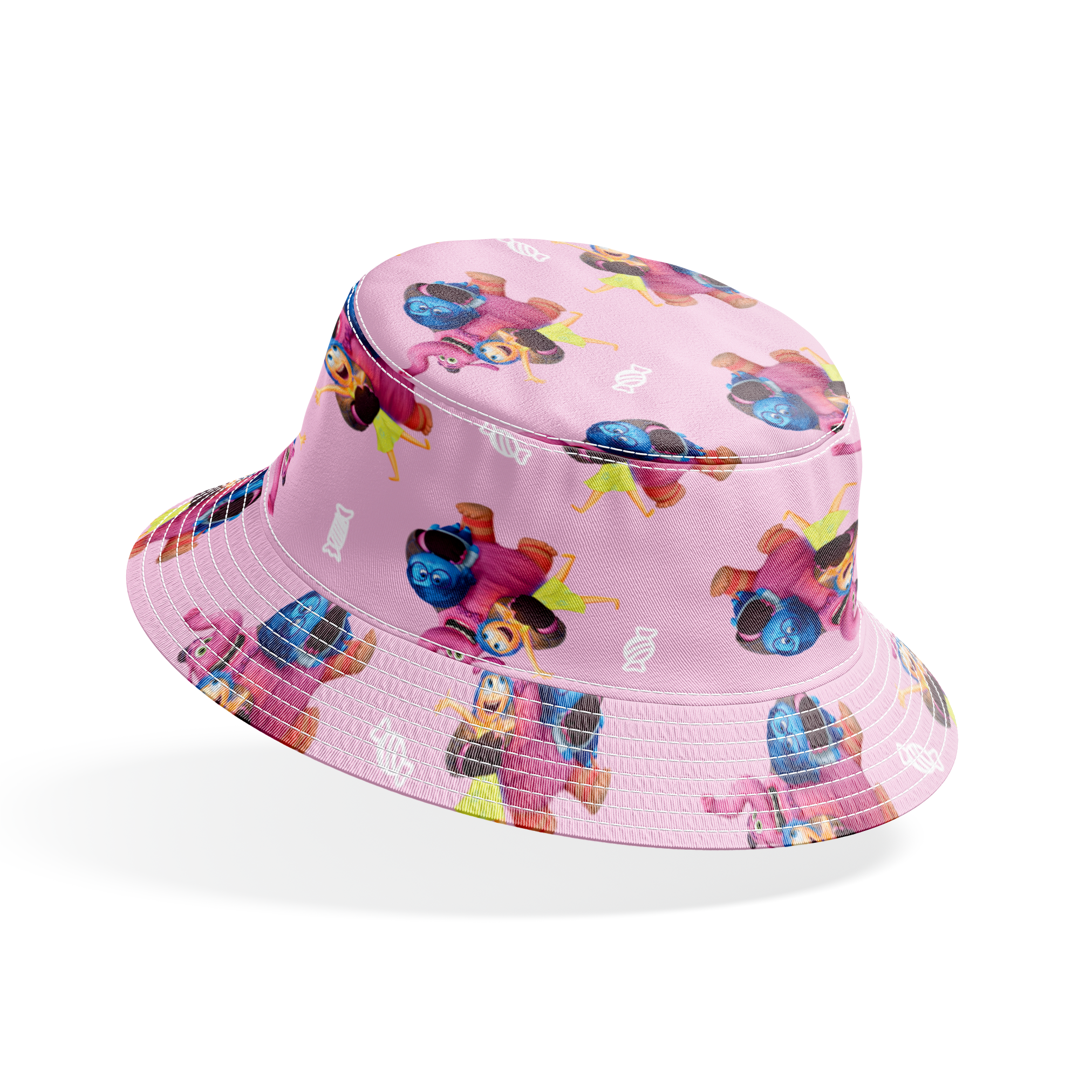 Repeating pattern of Inside Out characters on a lavender background bucket hat mockup