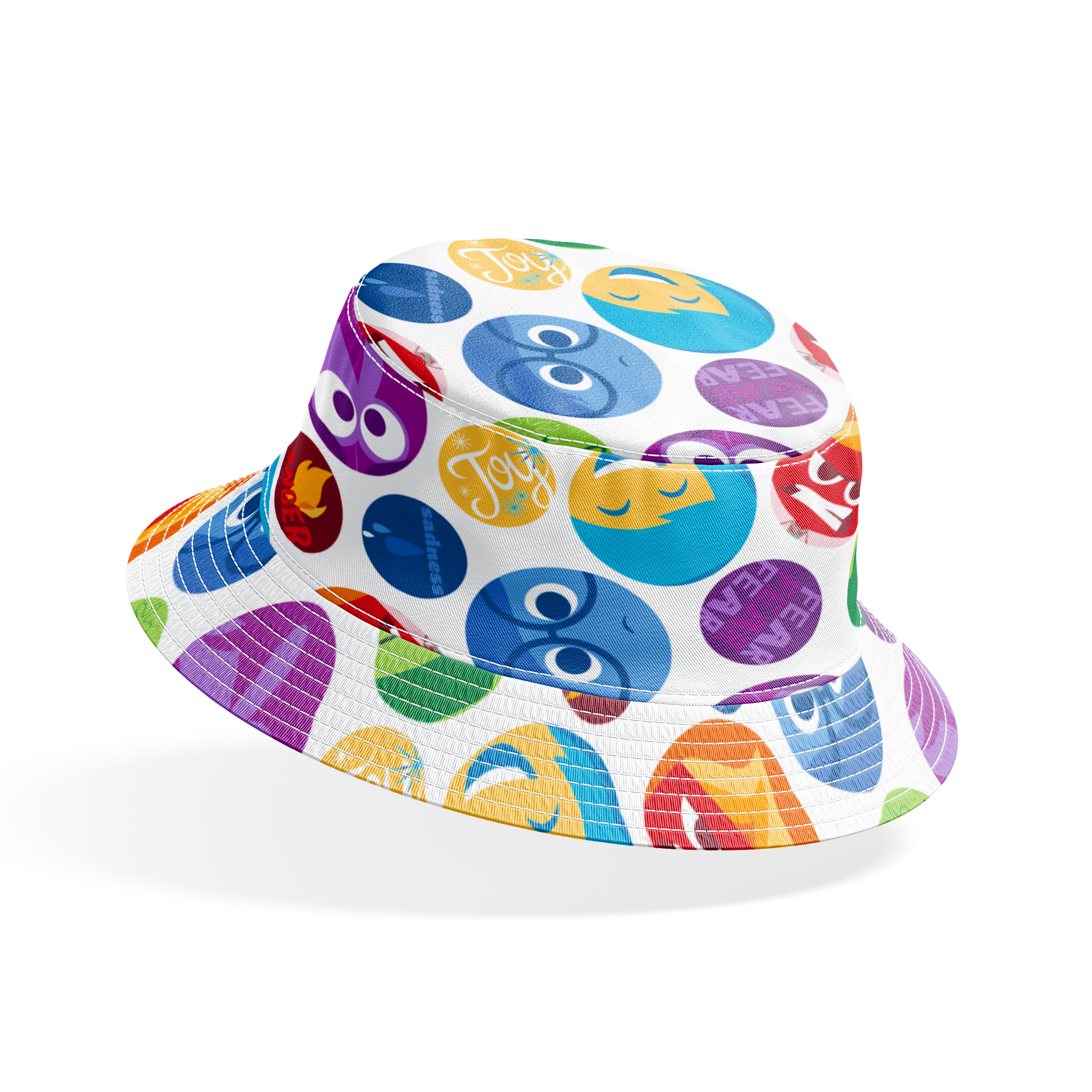 Colorful Inside Out character circles with various expressions in purple, green, blue, yellow, and red bucket hat mockup