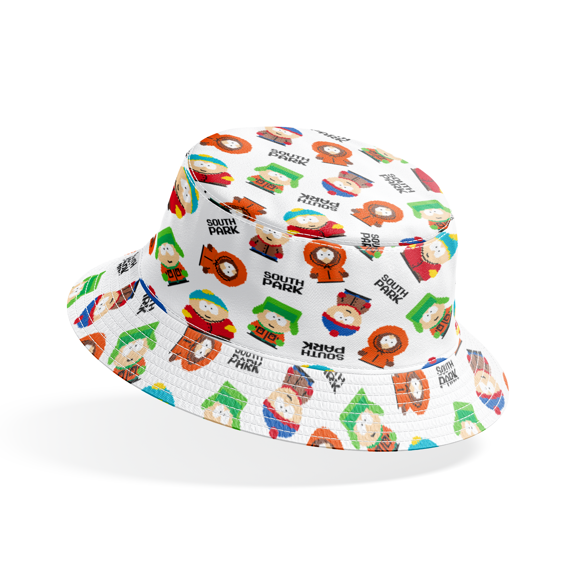 Pixel art versions of Stan, Kyle, Cartman, and Kenny with the South Park logo in black, tossed on a white background in various rotations. bucket hat mockup