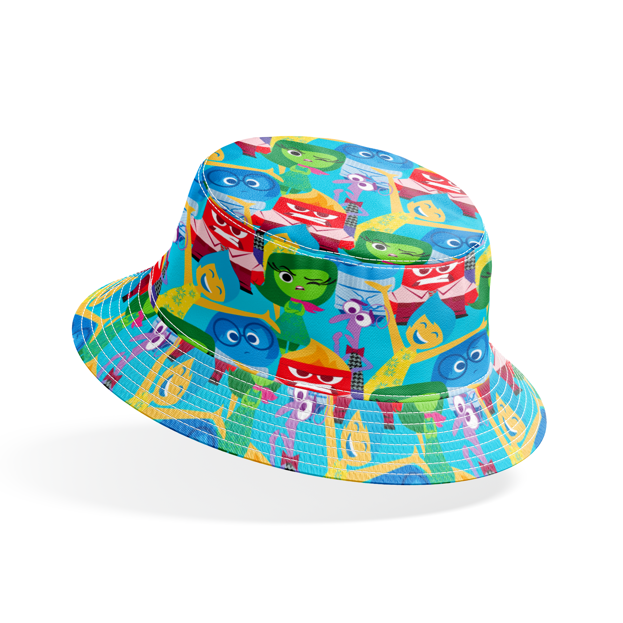 Colorful animated characters from Pixar's Inside Out - Joy, Sadness, Anger, Disgust and Fear in repeating pattern bucket hat mockup