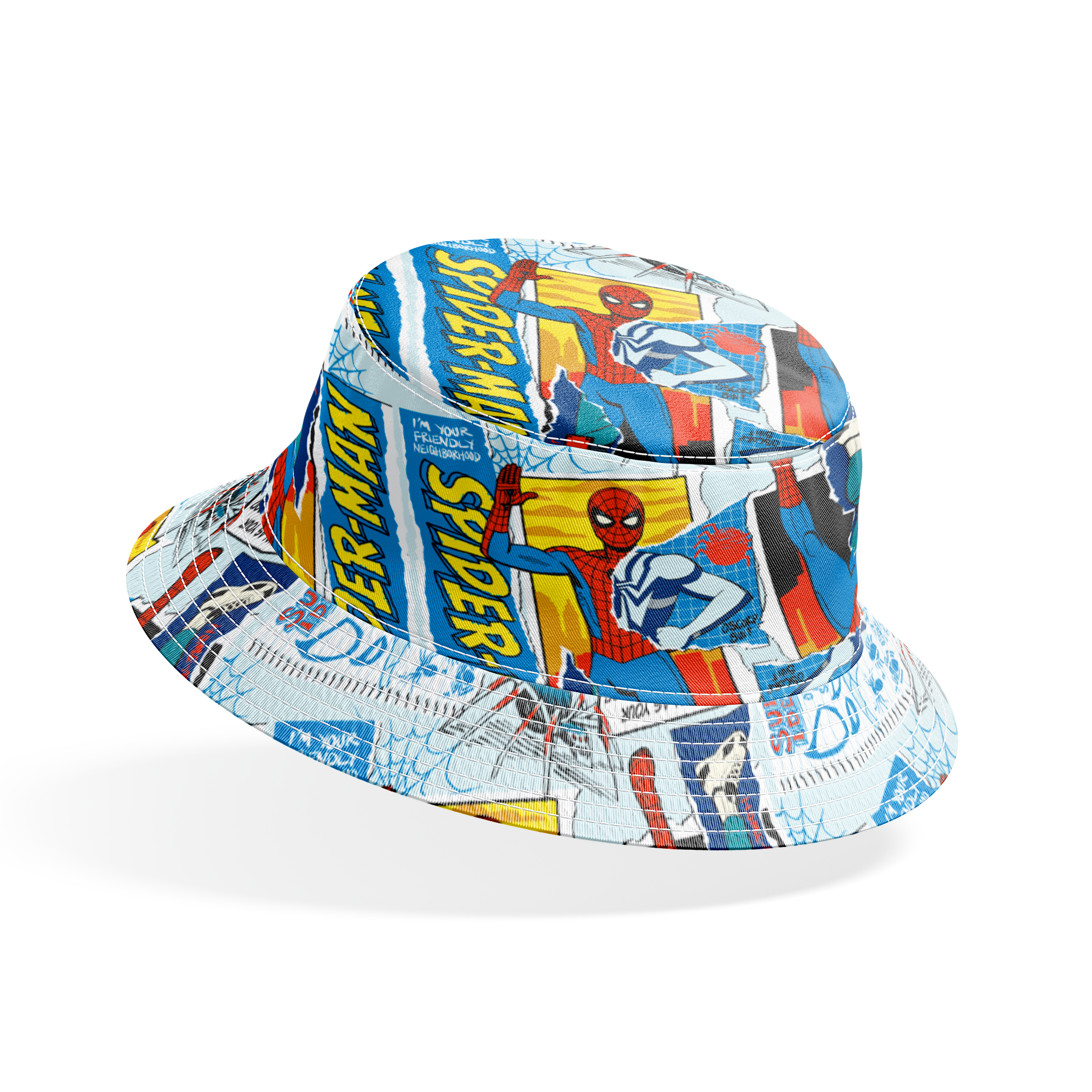 Spider-Man comic book style pattern with red and blue superheroes in action poses against web-themed background bucket hat mockup