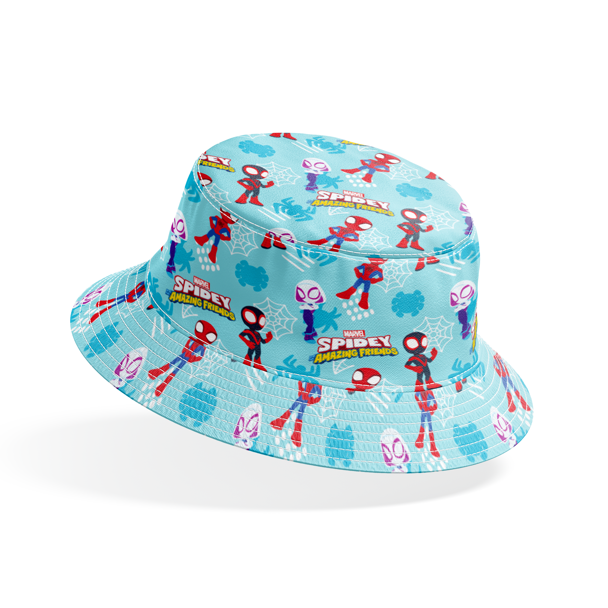 Marvel Spider-Man cartoon characters on blue background with spider webs and logos, featuring different Spider-Man costume variants. bucket hat mockup