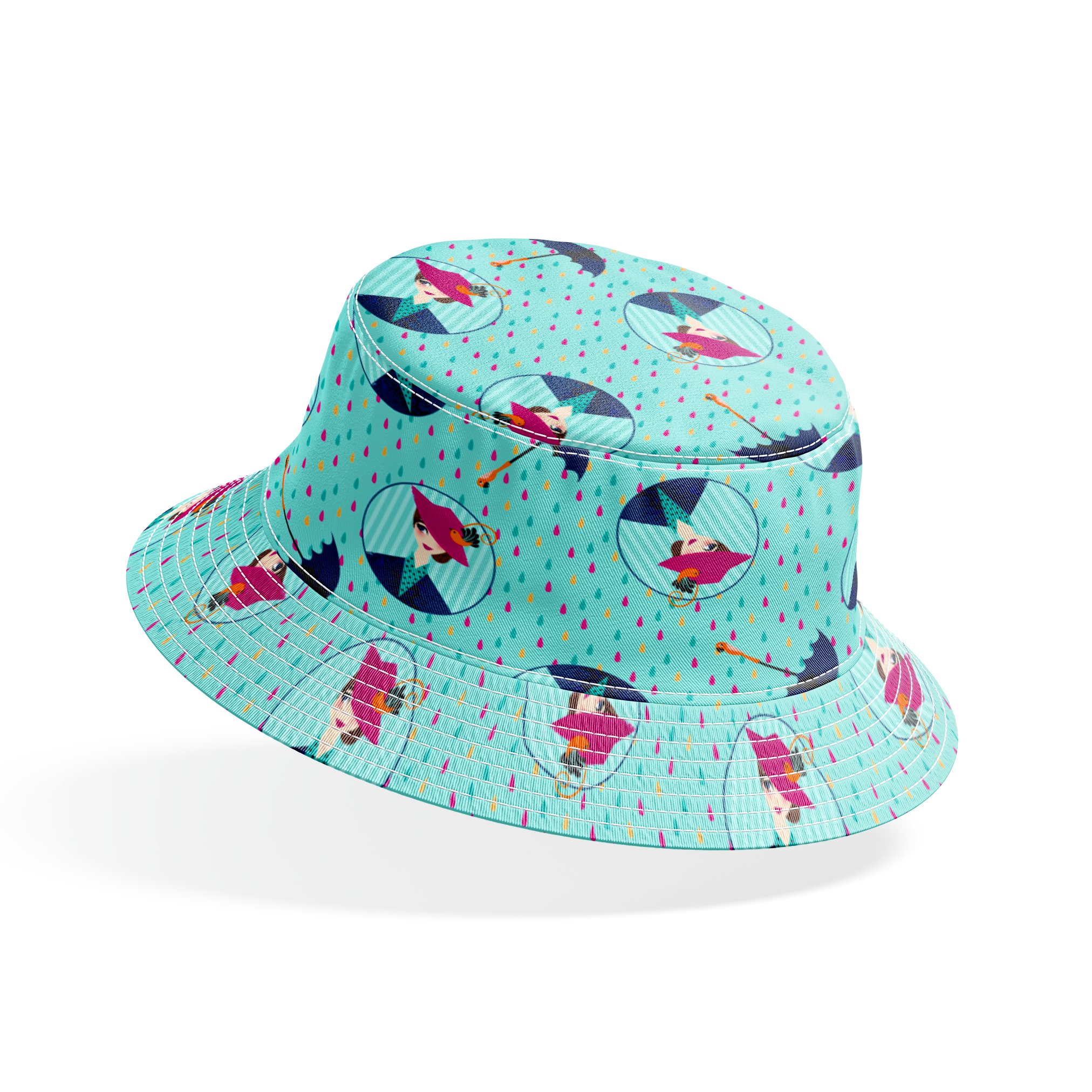 Colorful rainy pattern with Mary Poppins holding umbrellas in circular frames on turquoise background with pink raindrops bucket hat mockup
