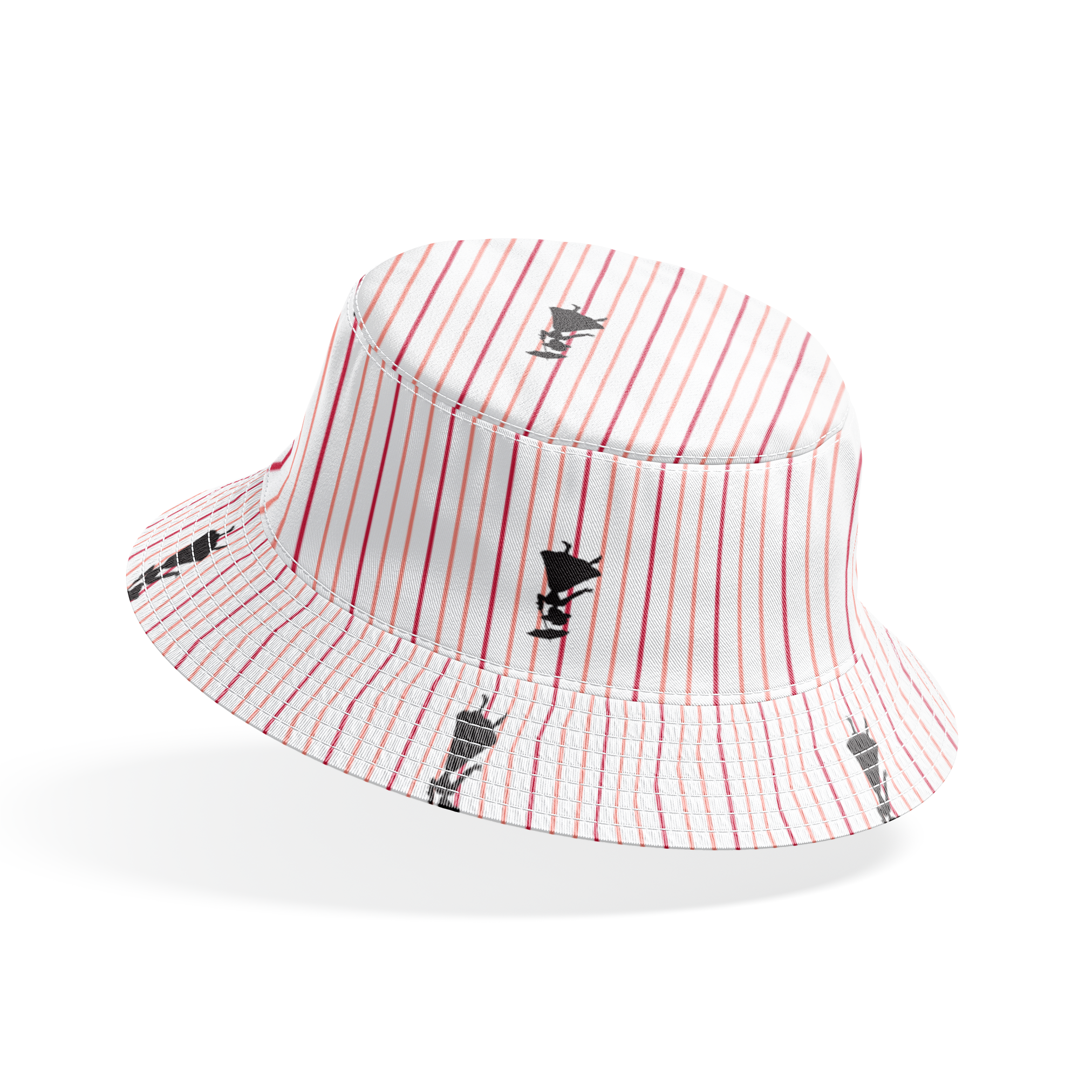 Mary Poppins silhouette figures on white background with thin pink vertical stripes bucket hat mockup