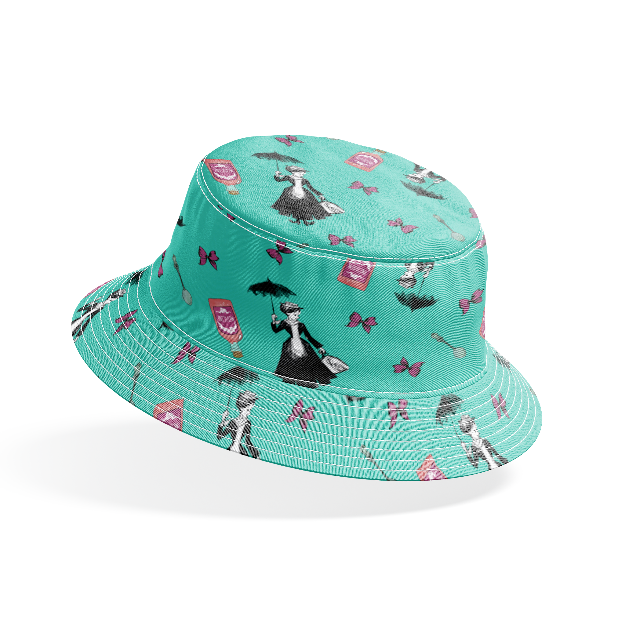Whimsical illustration pattern with Mary Poppins holding umbrella, pink bottles, and purple butterflies on mint green background. bucket hat mockup