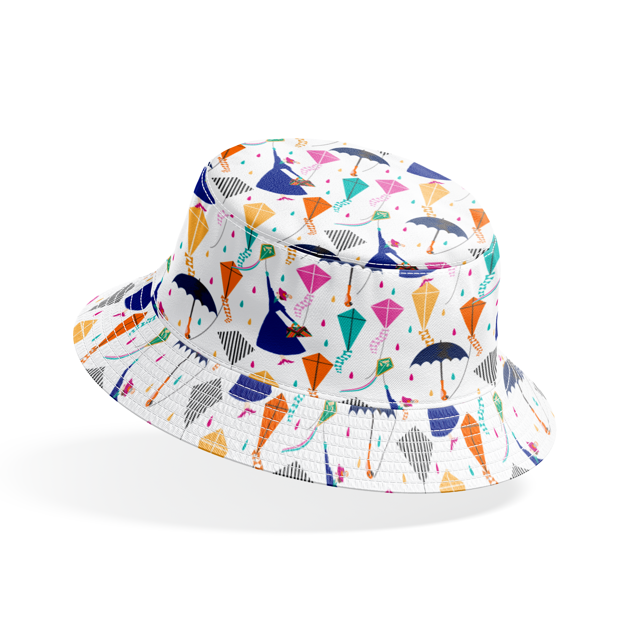 Colorful Mary Poppins pattern with umbrellas, featuring pink, orange, turquoise kites and navy umbrellas on white background bucket hat mockup