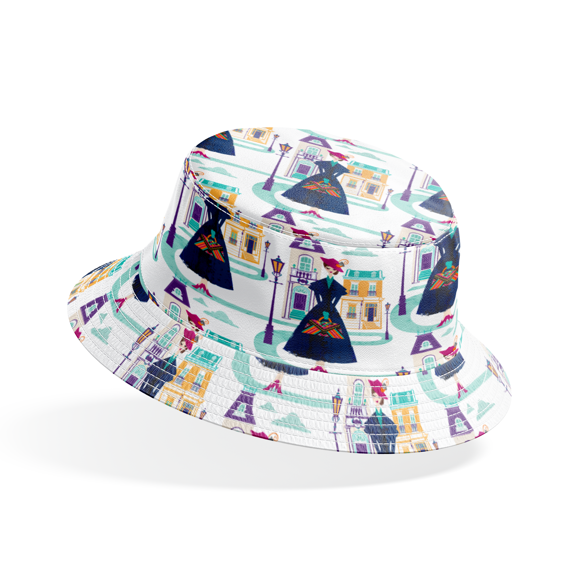Illustrated pattern of Mary Poppins, standing among pastel townhouses and streetlamps. bucket hat mockup