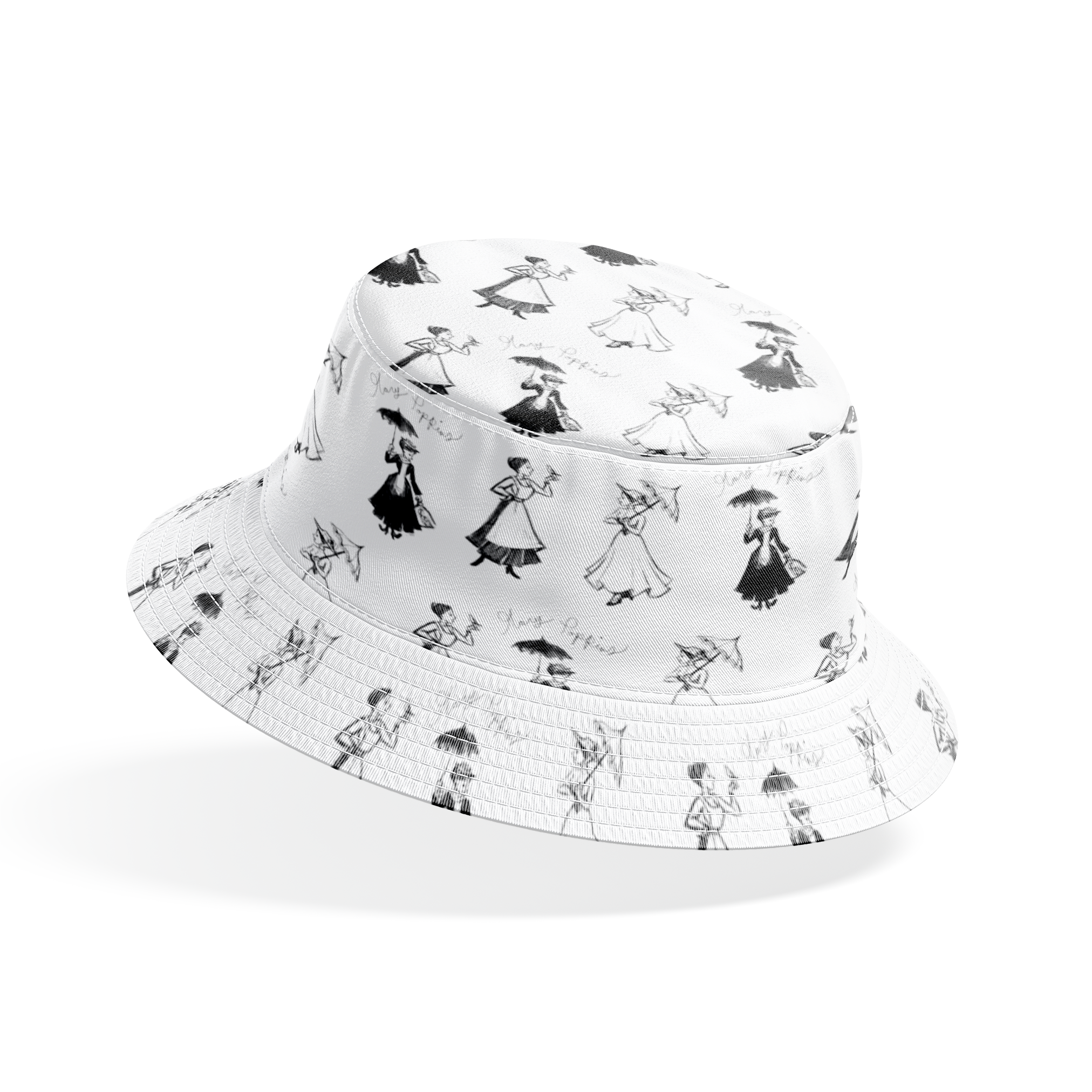 Sketchy illustration pattern of Mary Poppins, shown in various poses in black and white bucket hat mockup