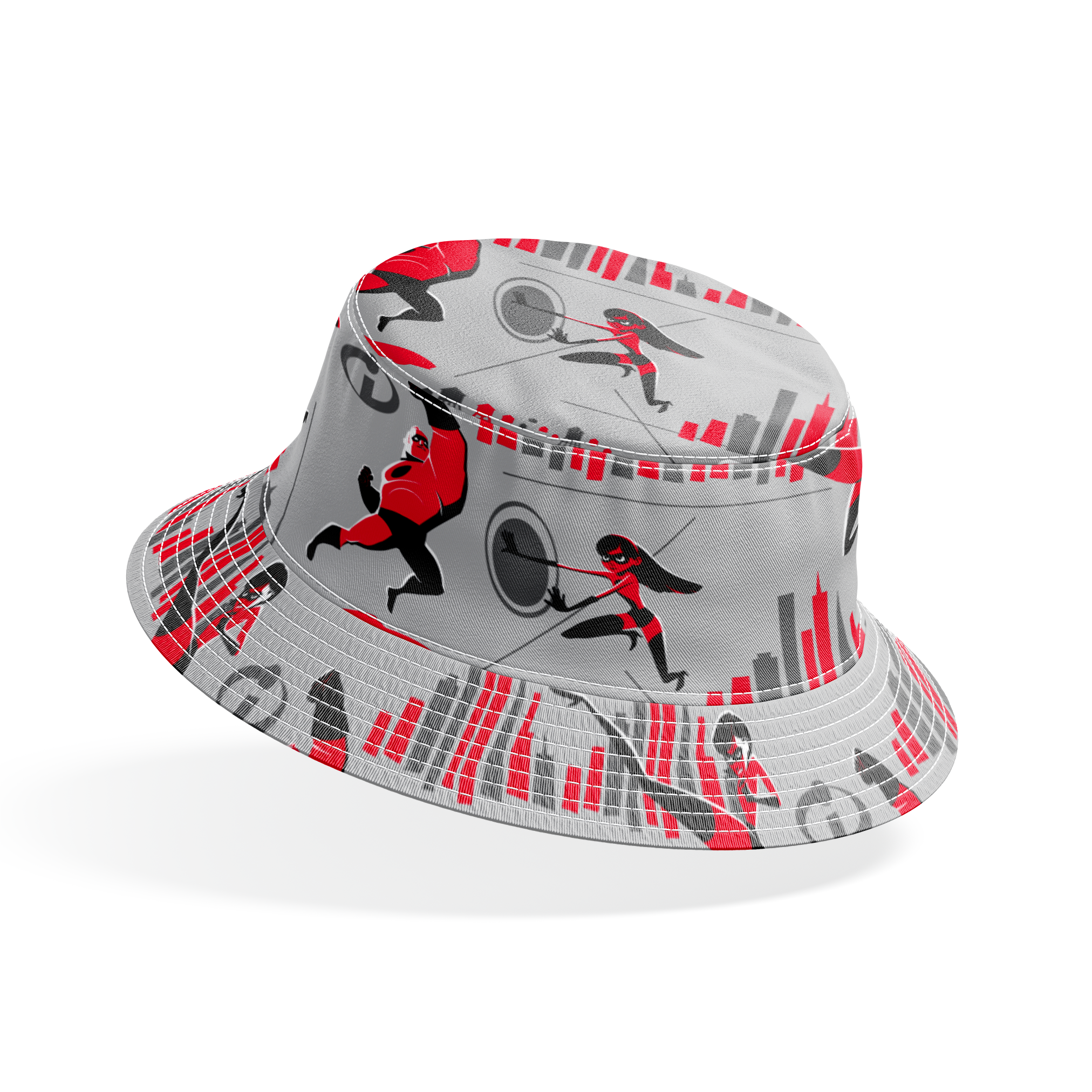 Characters in red and black superhero outfits from The Incredibles shown in action poses against gray background with city elements bucket hat mockup