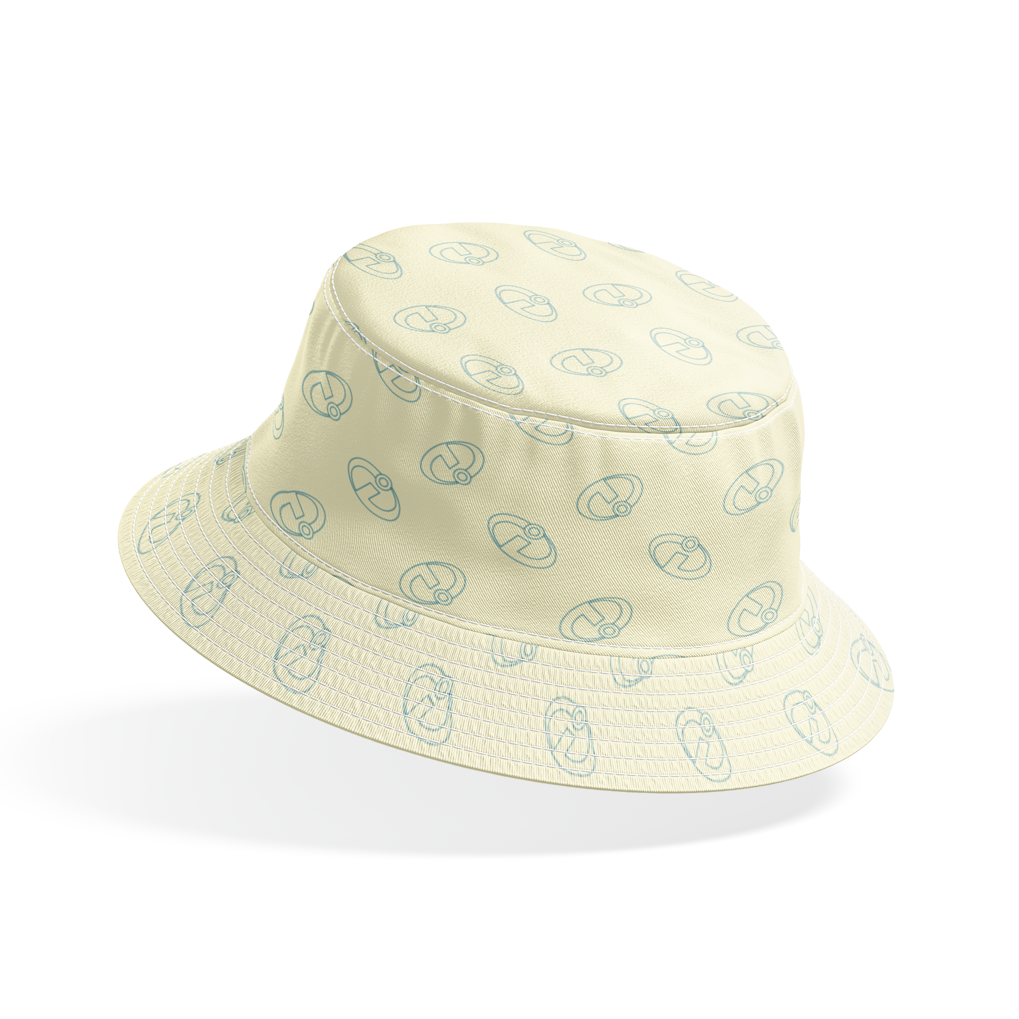 The Incredibles logo forming a repeating pattern on a pale yellow background bucket hat mockup