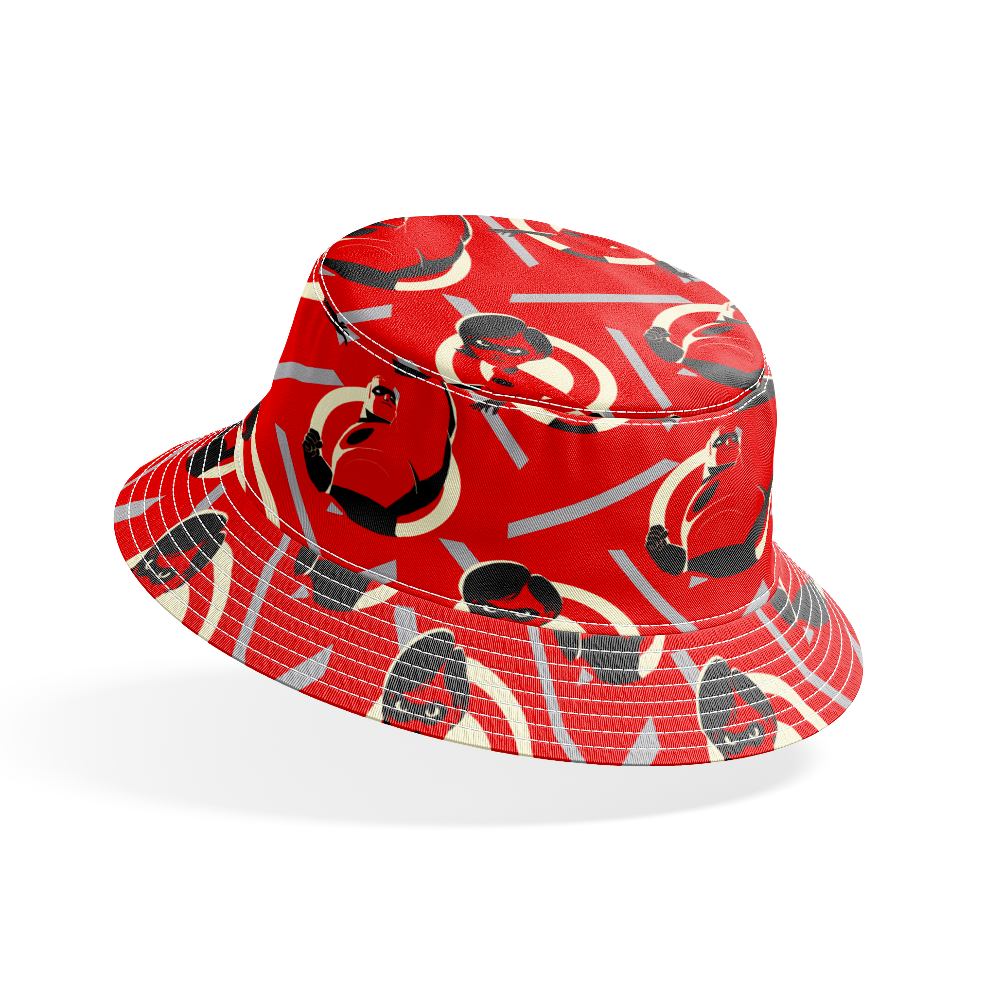 Stylized Incredibles characters in red, black and white with a dynamic pose against spiral background pattern. bucket hat mockup