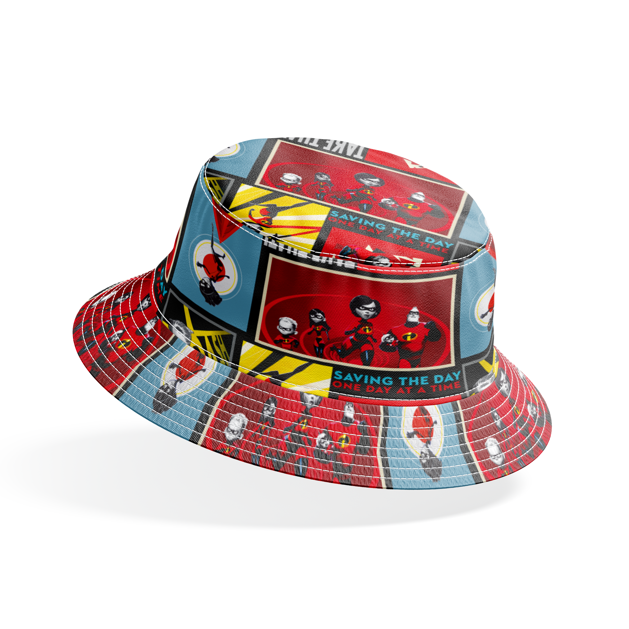 Incredibles superhero family comic style artwork with "Saving the Day One Day at a Time" text bucket hat mockup