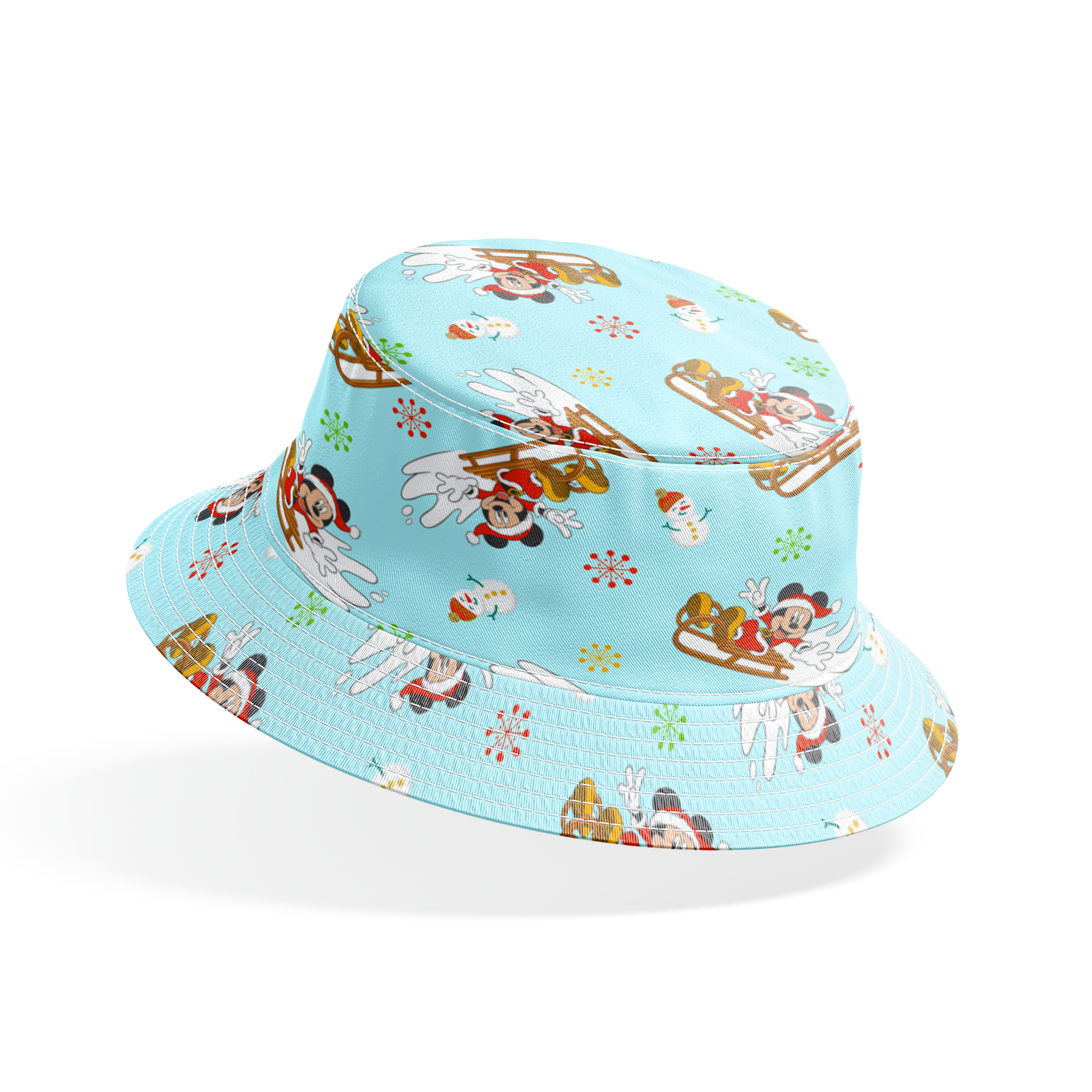 Christmas pattern with Mickey Mouse on sleds, snowmen, and colorful snowflakes on light blue background bucket hat mockup