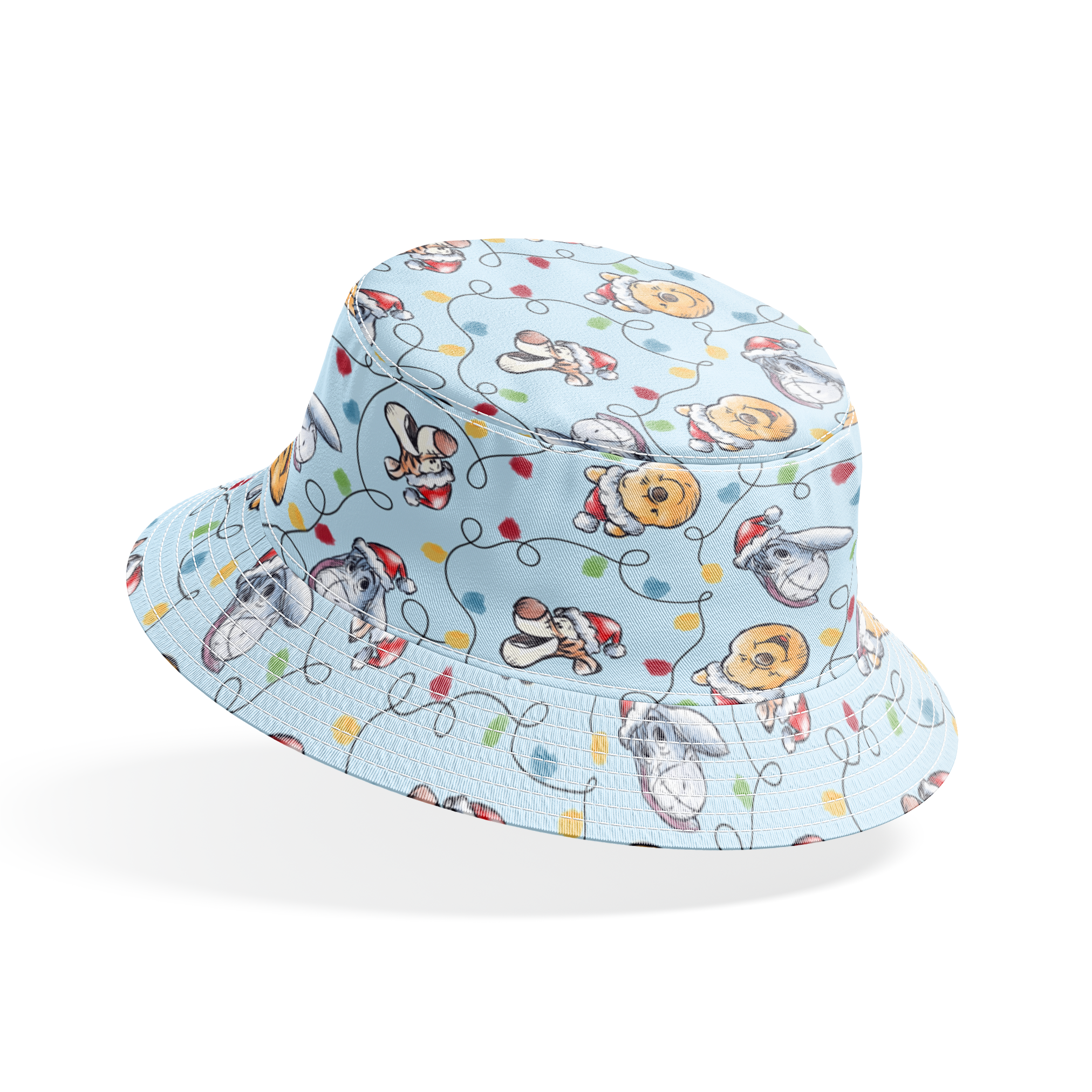 Winnie the Pooh Christmas pattern with Pooh bear, Eeyore, and Tigger in Santa hats on blue background bucket hat mockup