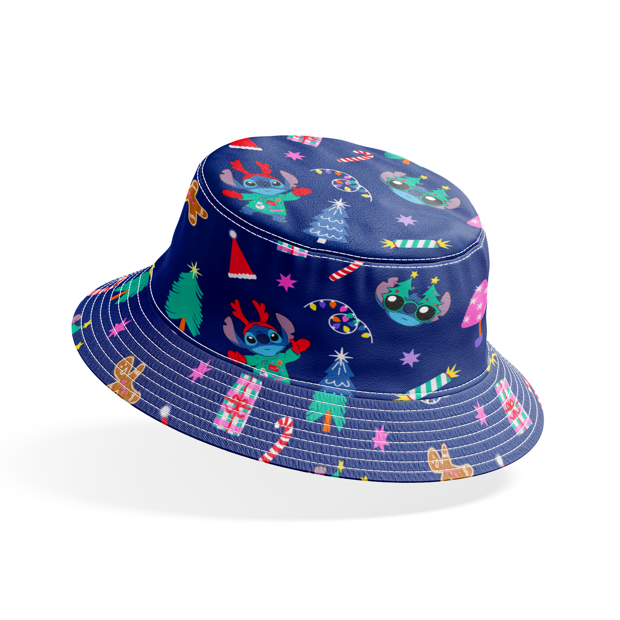 Festive Christmas pattern with Stitch, trees, candy canes, presents, and gingerbread men on navy background bucket hat mockup
