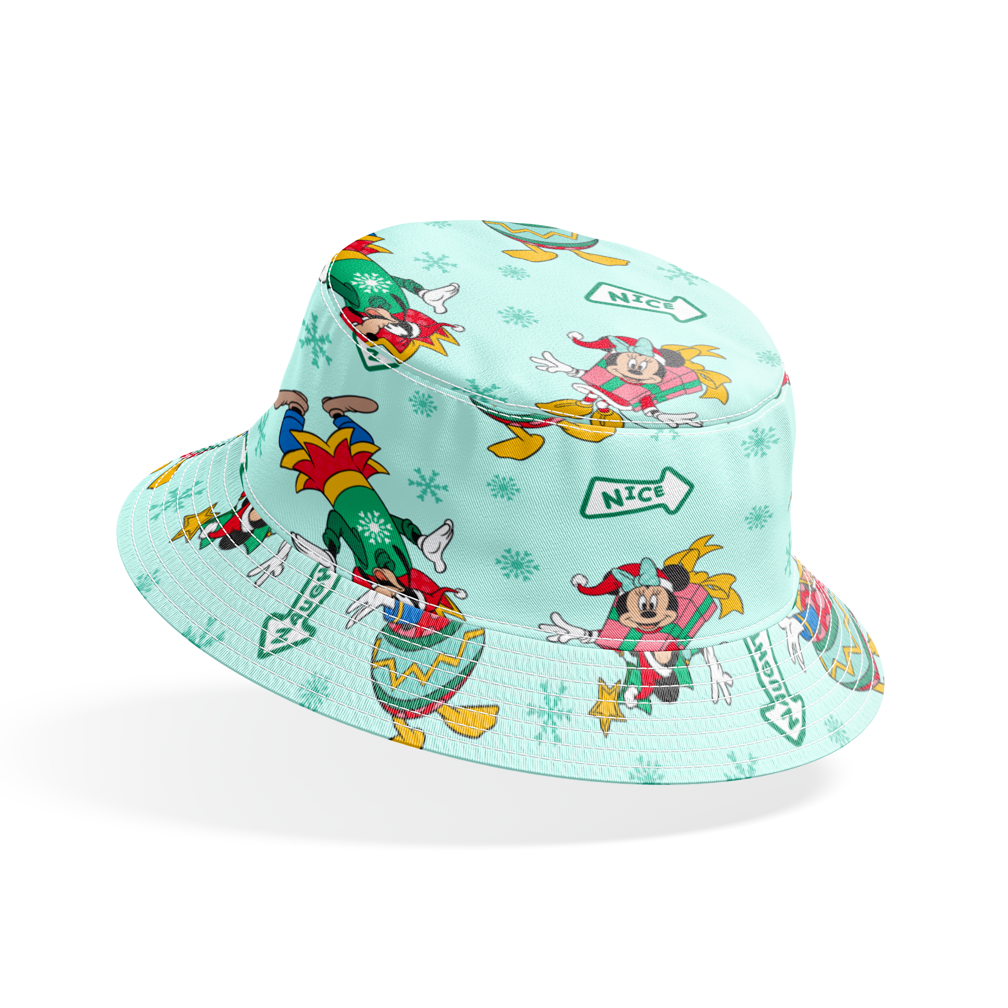 Disney character pattern with Minnie and Mickey in festive holiday outfits on light blue background with snowflakes and "Nice" signs. bucket hat mockup