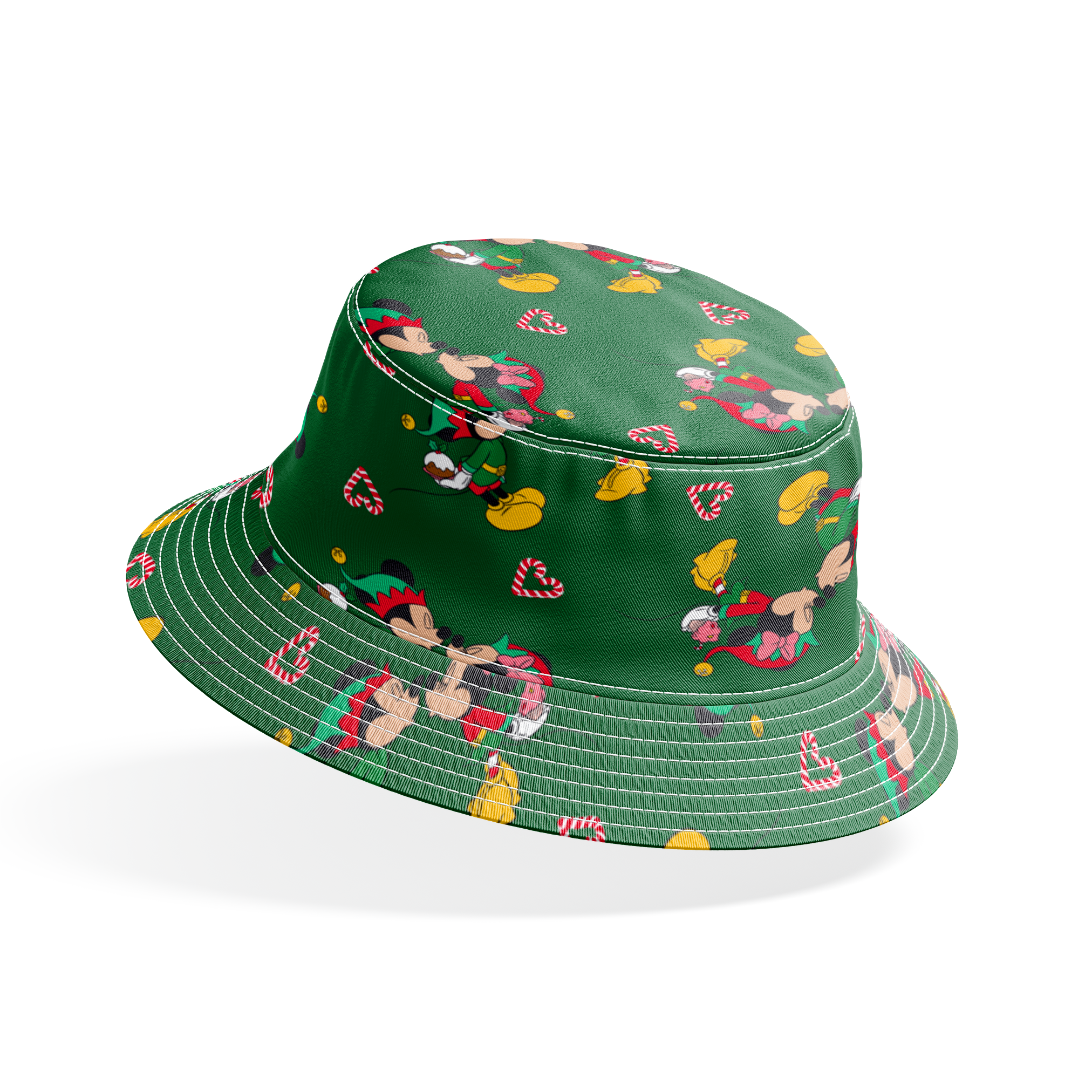 Festive Mickey Mouse pattern with candy canes on green background bucket hat mockup