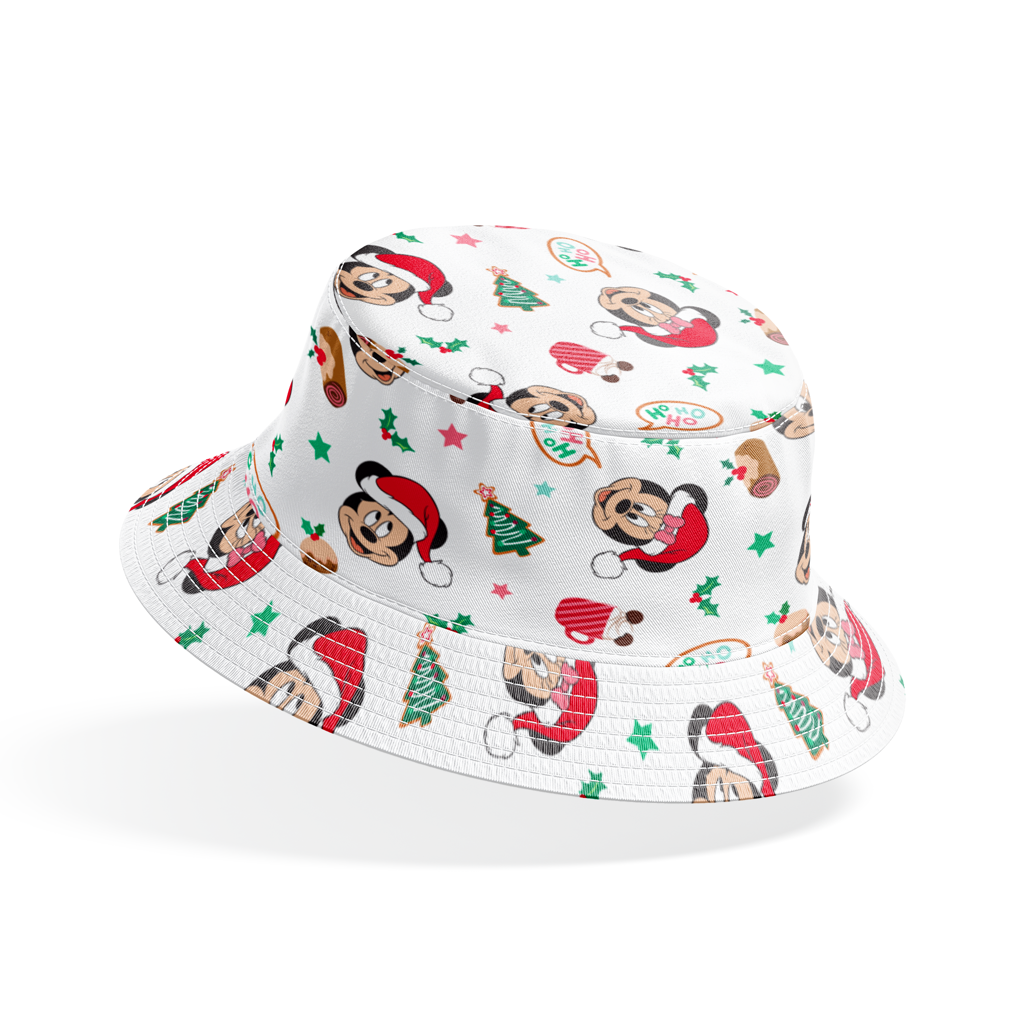 Mickey Mouse Christmas pattern with Santa hats, holly, speech bubbles, and festive decorations on white background bucket hat mockup