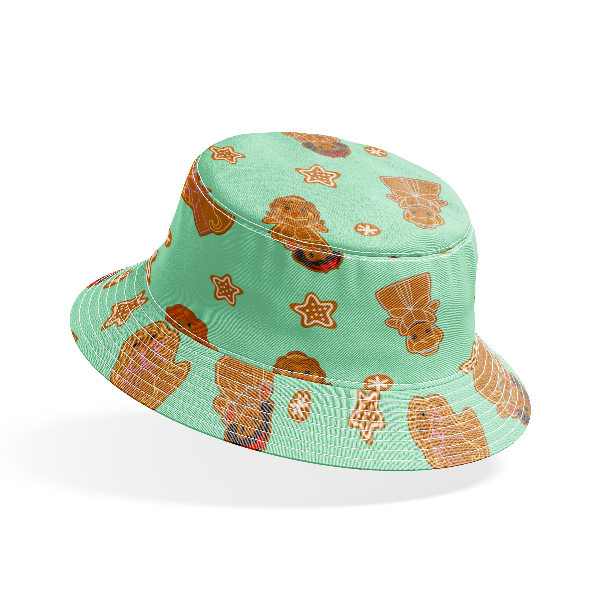Disney Princess gingerbread cookies with star and snowflake designs on mint green background bucket hat mockup