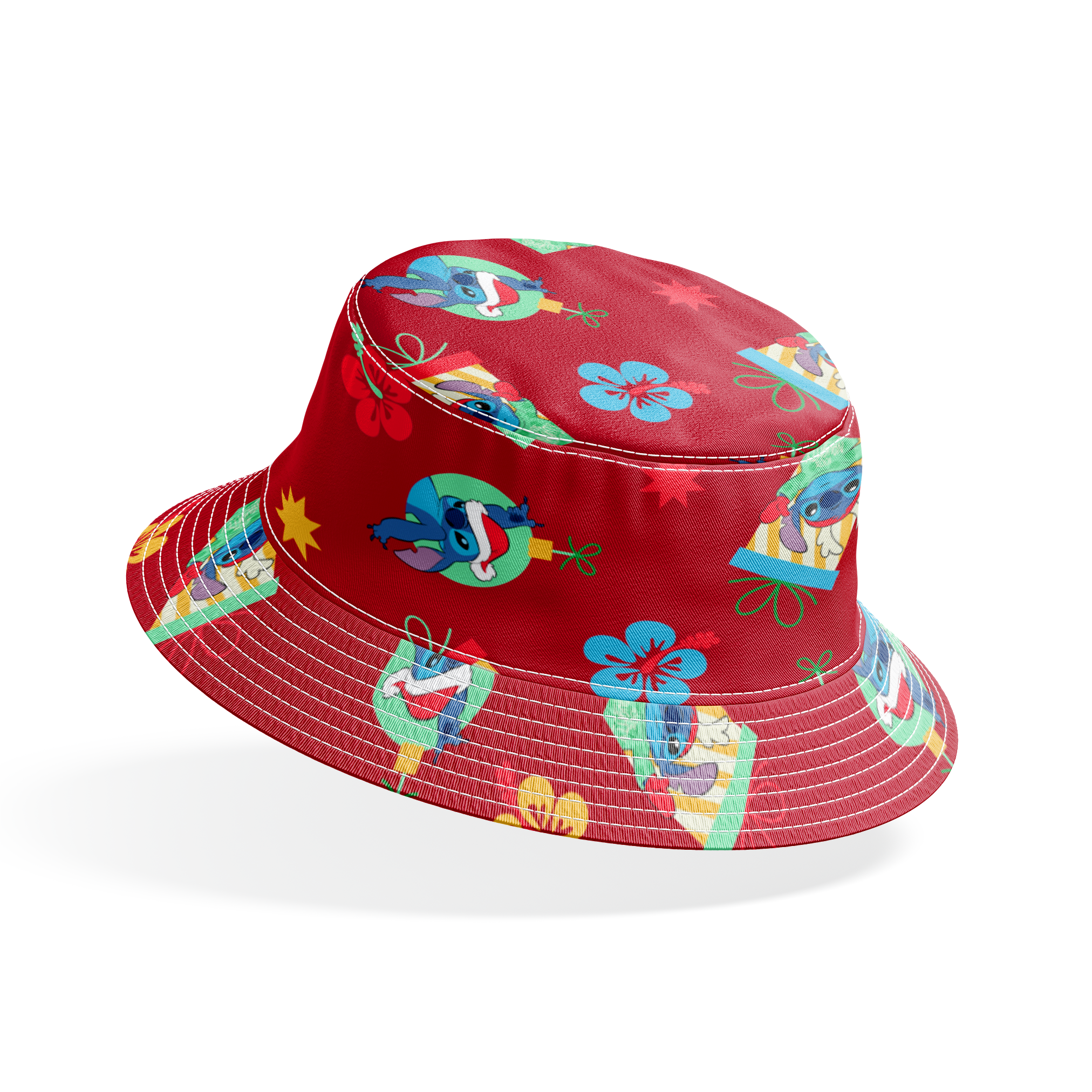 Disney Stitch pattern on red background with flowers and decorative elements bucket hat mockup