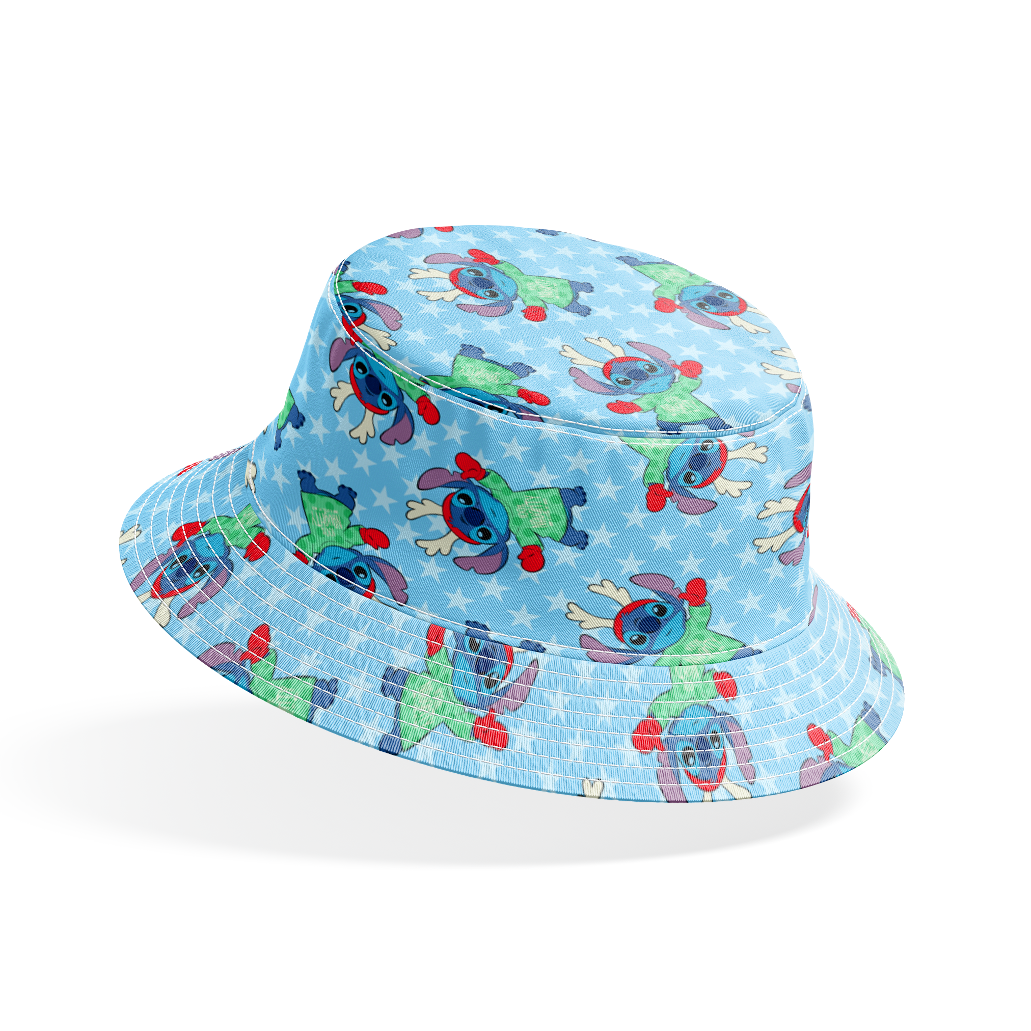 A repeating pattern of Disney's Stitch in holiday outfits with Christmas trees on light blue snowflake background. bucket hat mockup
