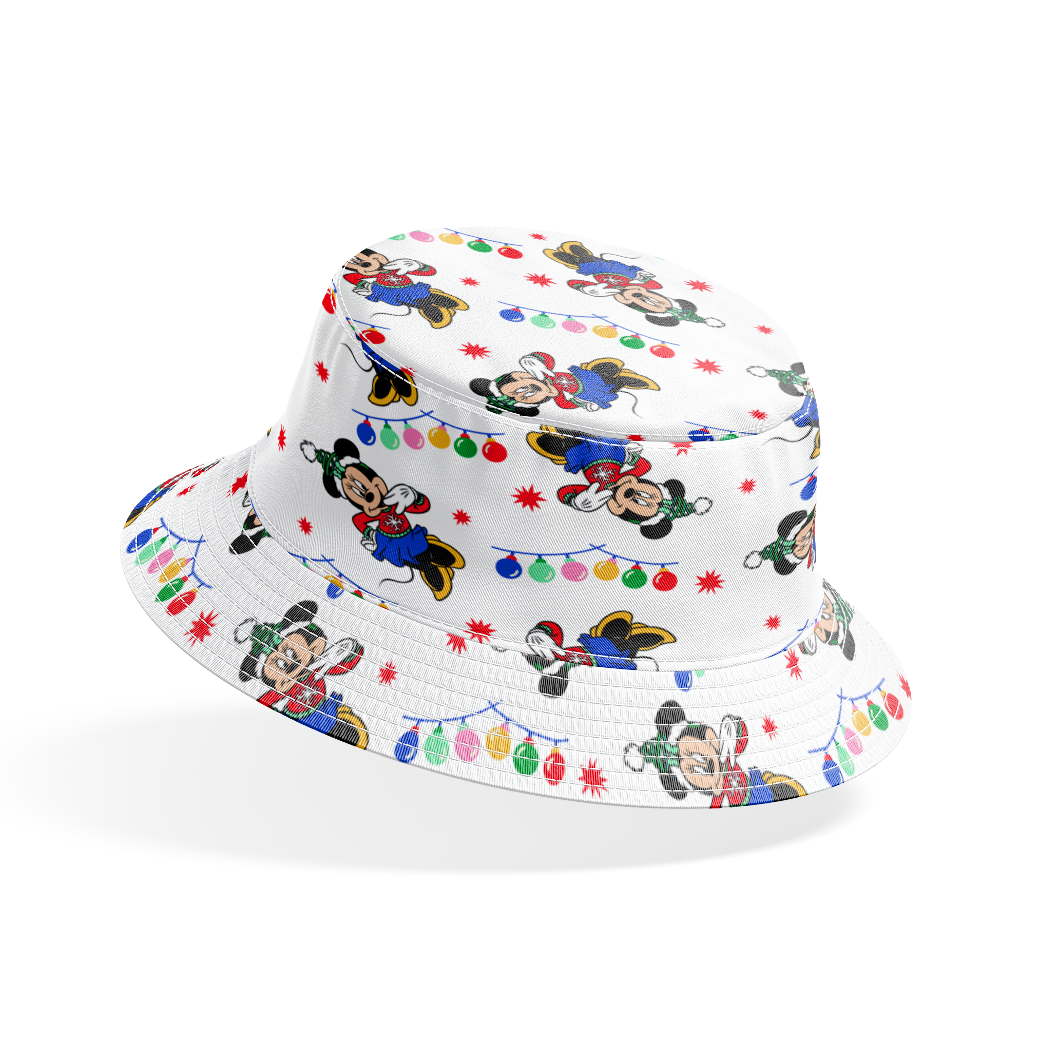 Minnie Mouse in Santa hats with blue outfits surrounded by colorful string lights and red stars on white background bucket hat mockup