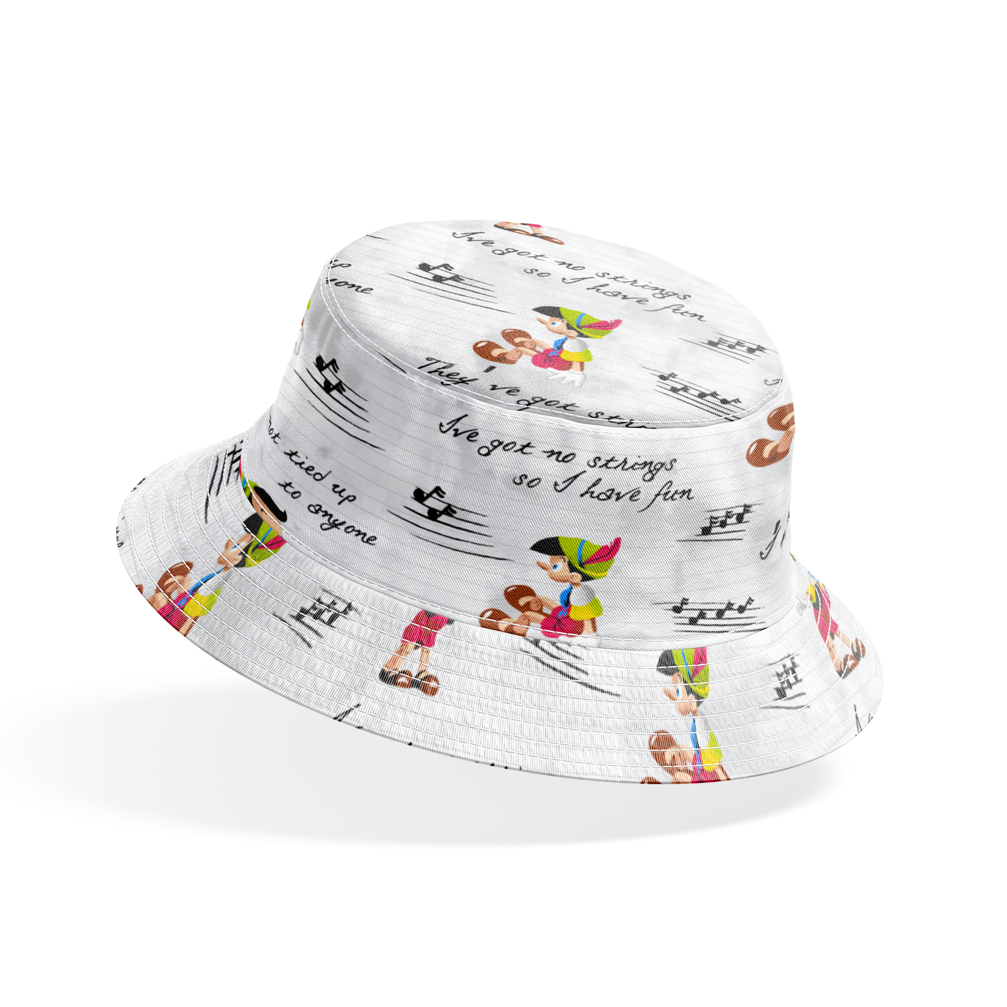 Cartoon characters on a light gray background with musical notes and phrases about strings bucket hat mockup