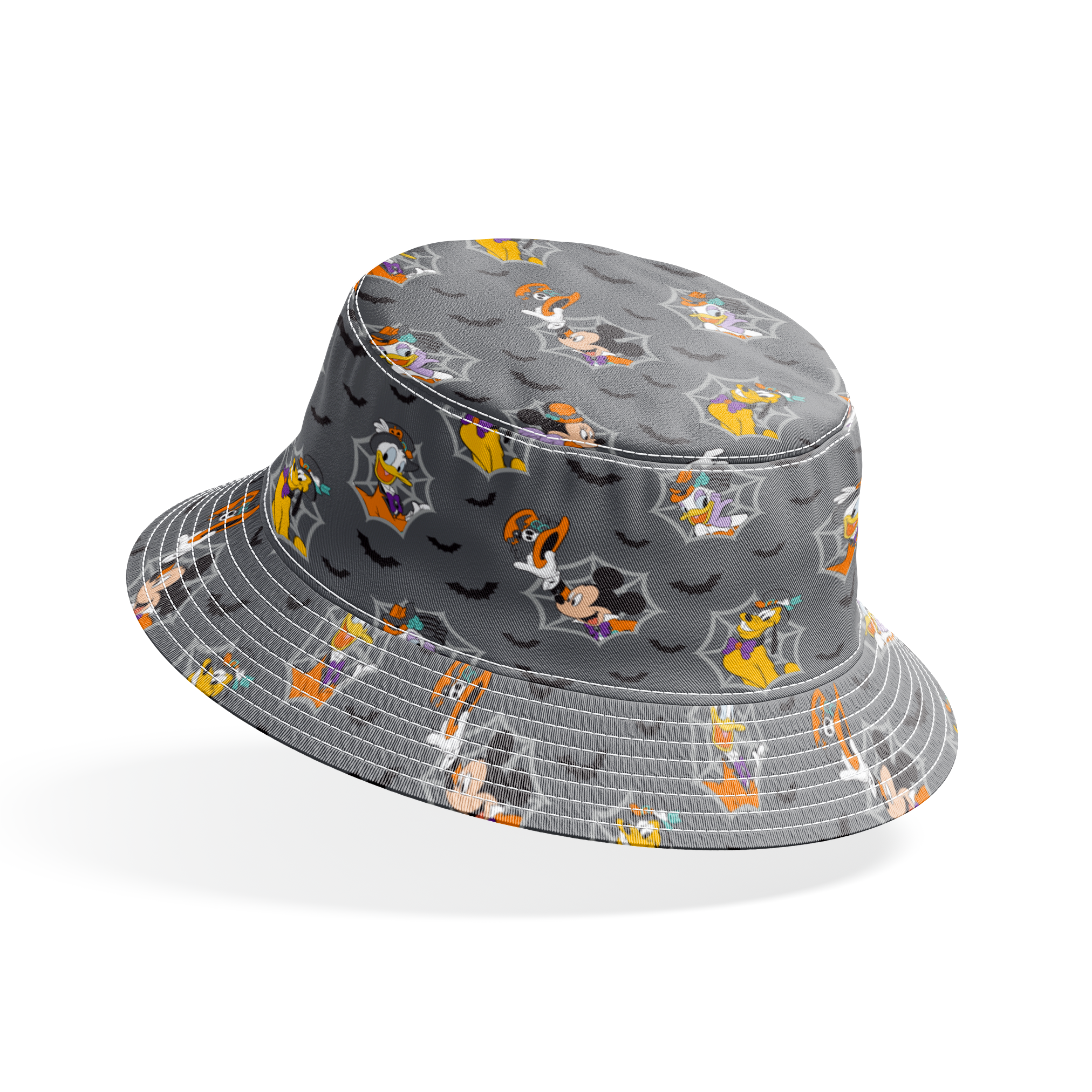 Disney cartoon characters in Halloween costumes on gray background with spider webs and bats bucket hat mockup