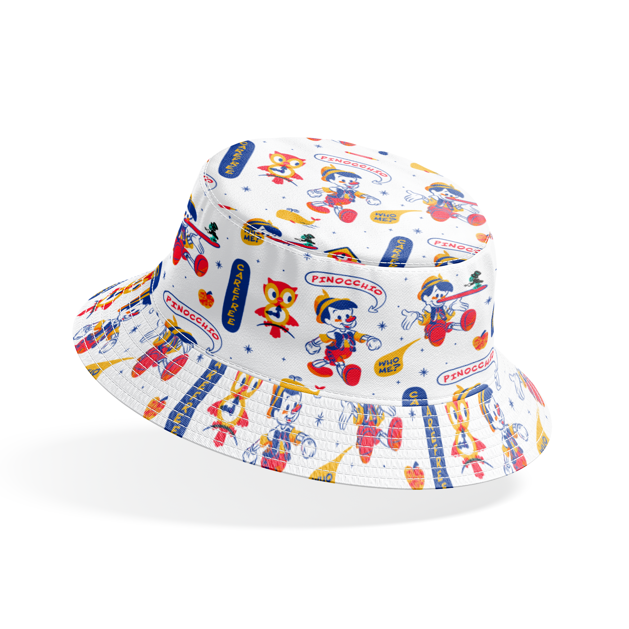 Colorful cartoon pattern featuring Pinocchio characters, whales, and text elements on white background bucket hat mockup