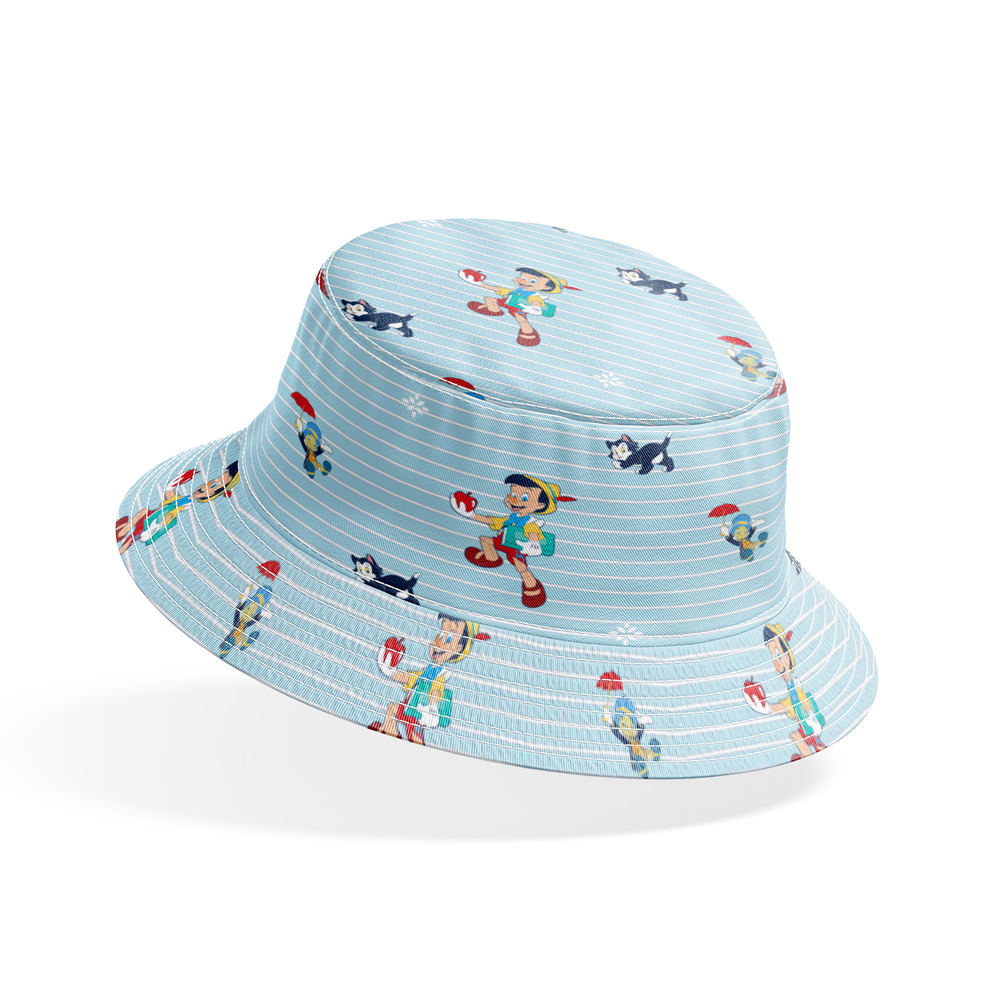 Cartoon pattern with boy character holding apple, black kittens, snowflakes on light blue striped background bucket hat mockup