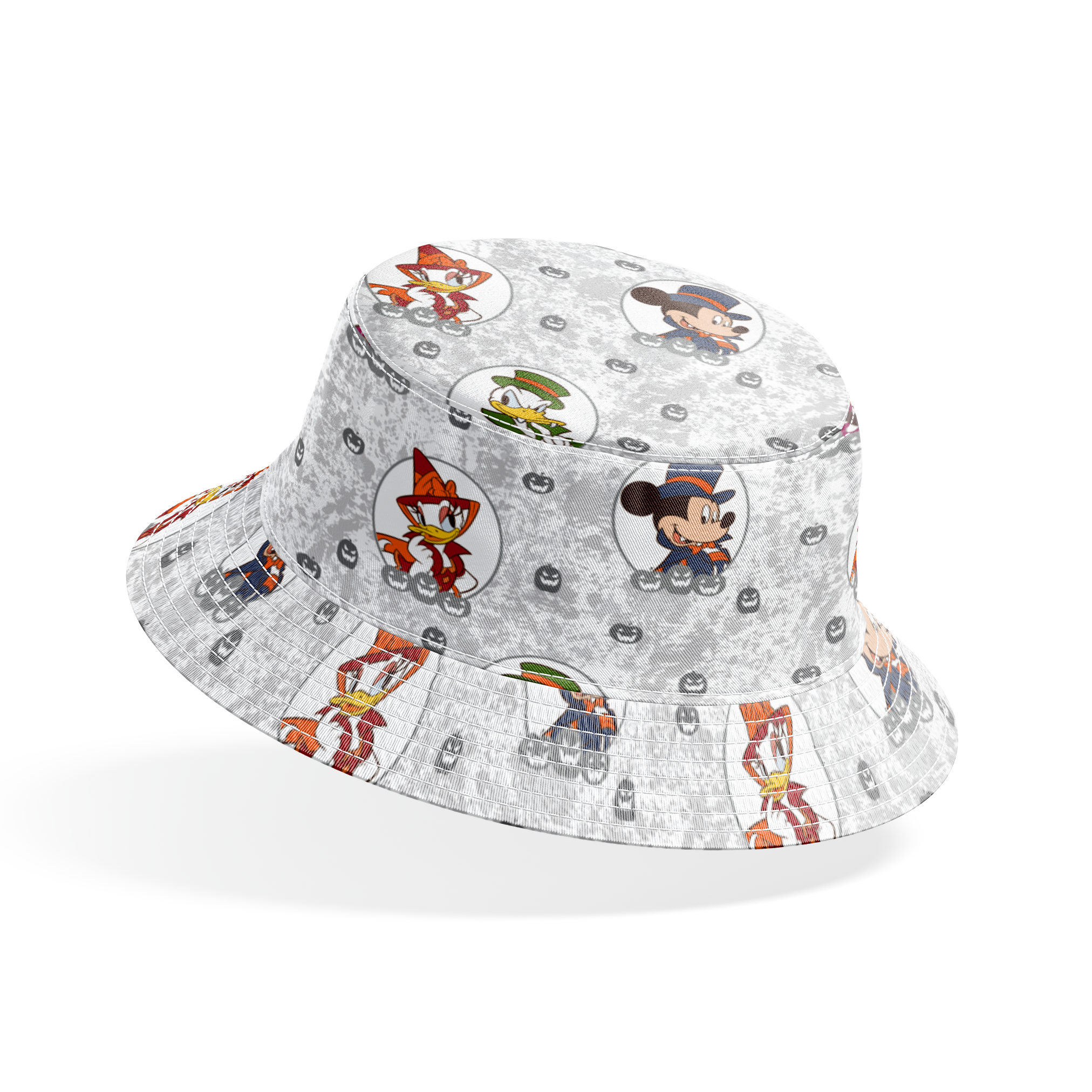 Disney Halloween pattern with Mickey in top hat, Donald in green hat, and Daisy in witch hat on gray background with pumpkins. bucket hat mockup