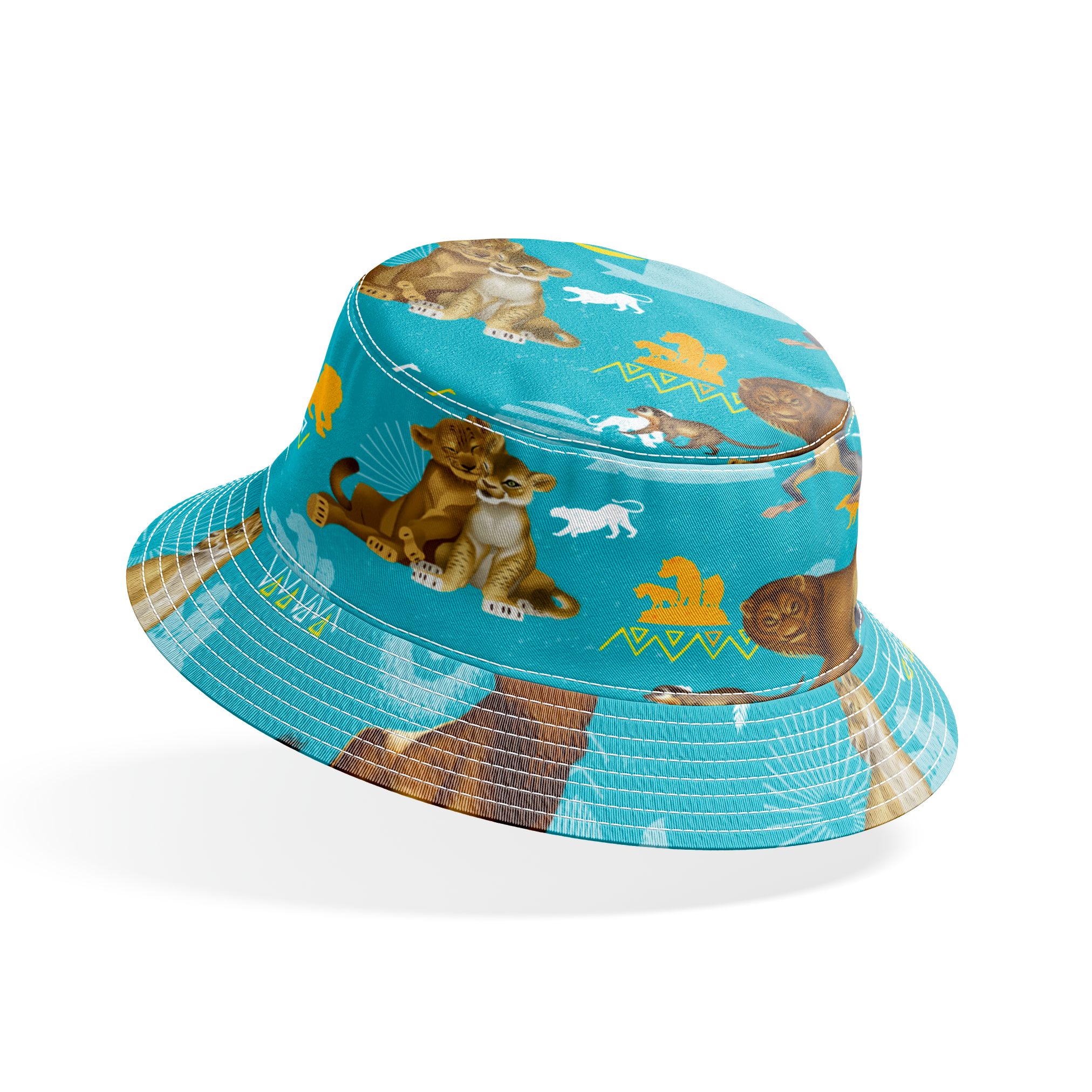 Animated lions pattern on turquoise background with geometric shapes and tribal designs bucket hat mockup