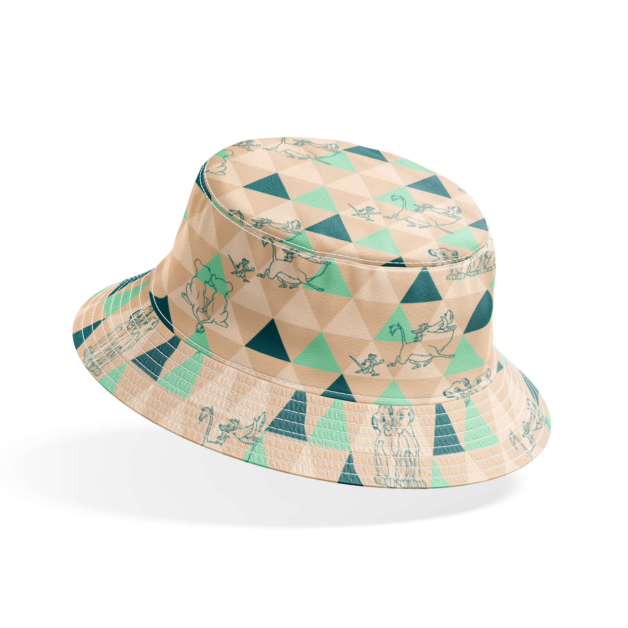 Geometric triangle pattern with stylized animal illustrations in teal and beige, featuring dogs, elephants, and other creatures. bucket hat mockup