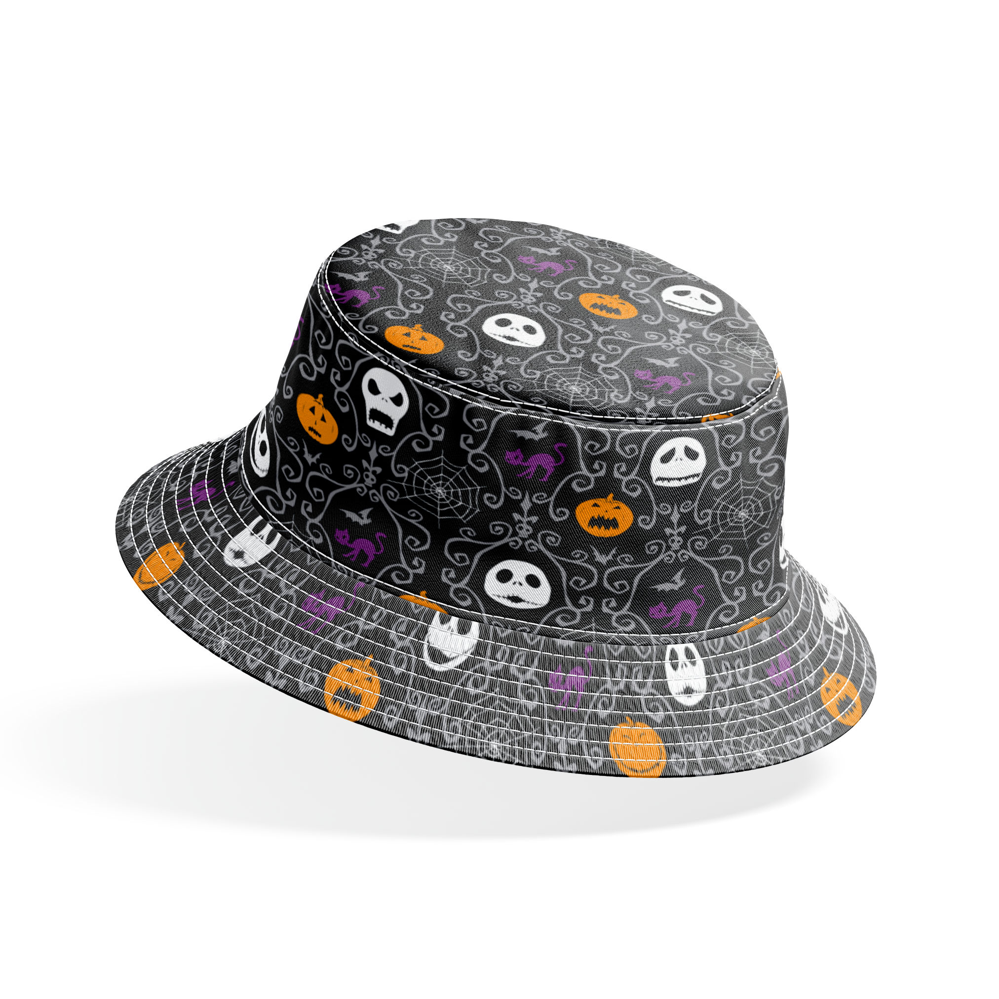 Nightmare Before Christmas pattern with skulls, pumpkins, bats and ornate swirls on black background bucket hat mockup