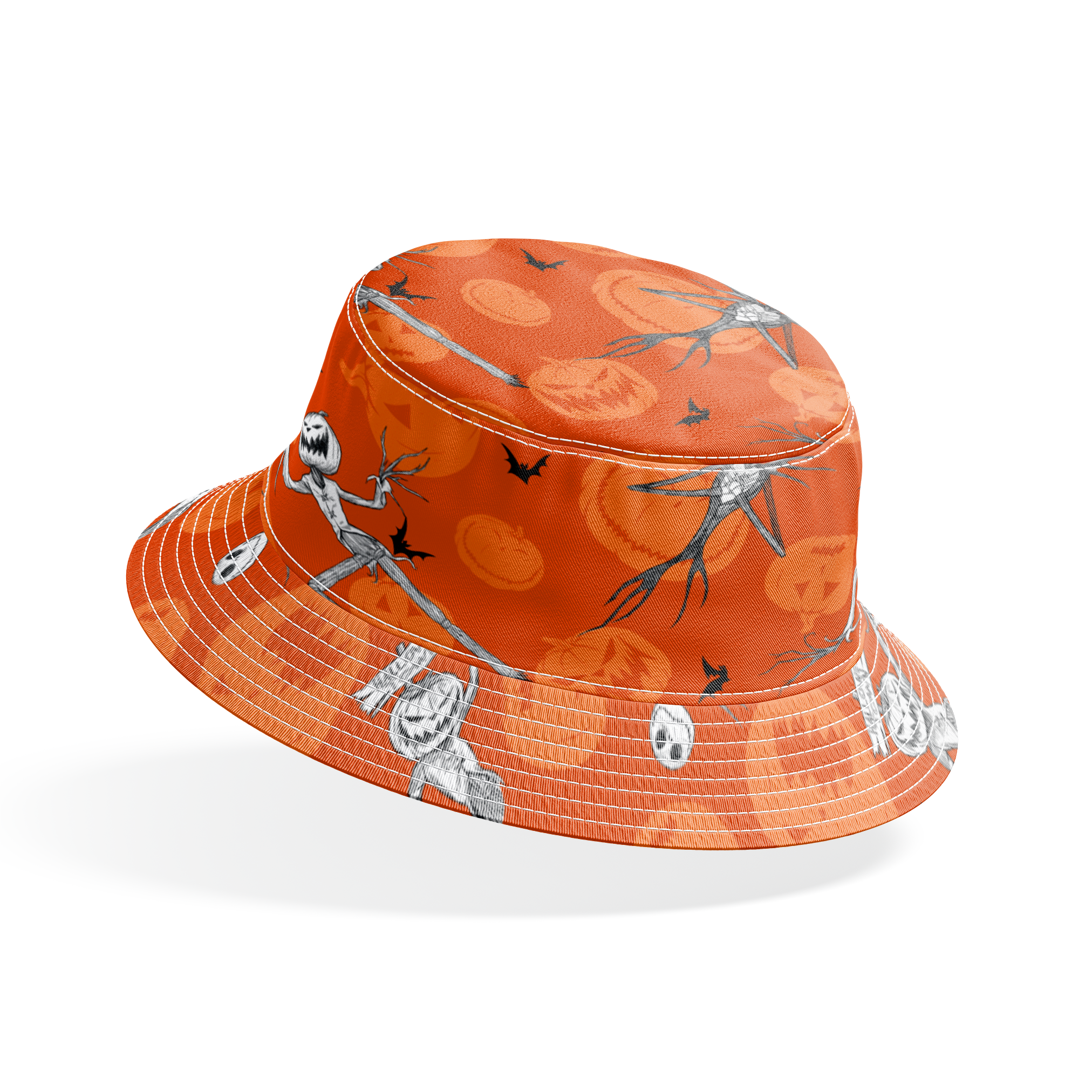Nightmare Before Christmas pattern with Jack Skellington, bats, and jack-o'-lantern silhouettes on orange background bucket hat mockup
