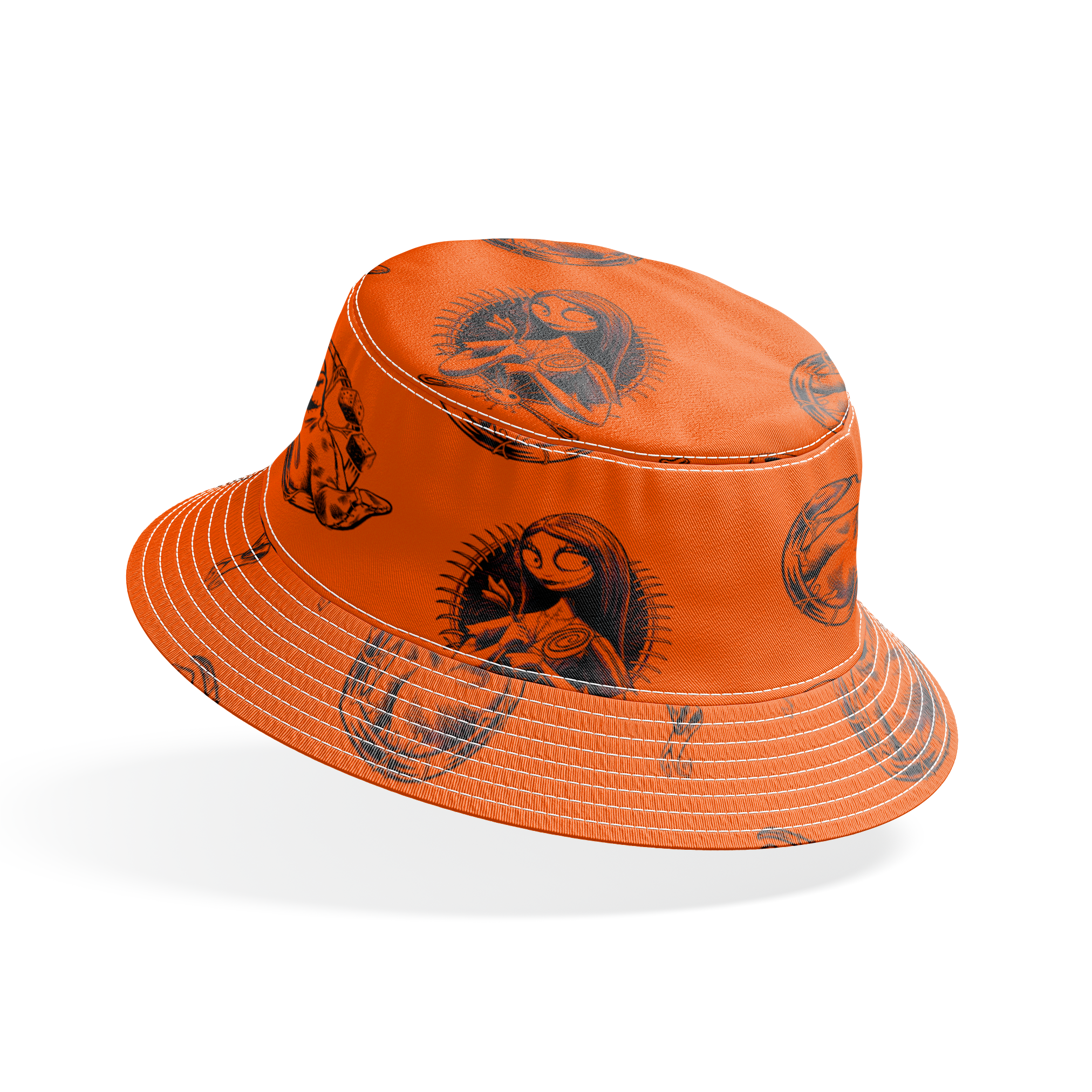 Halloween-themed pattern with spooky characters including Jack Skellington on bright orange background bucket hat mockup