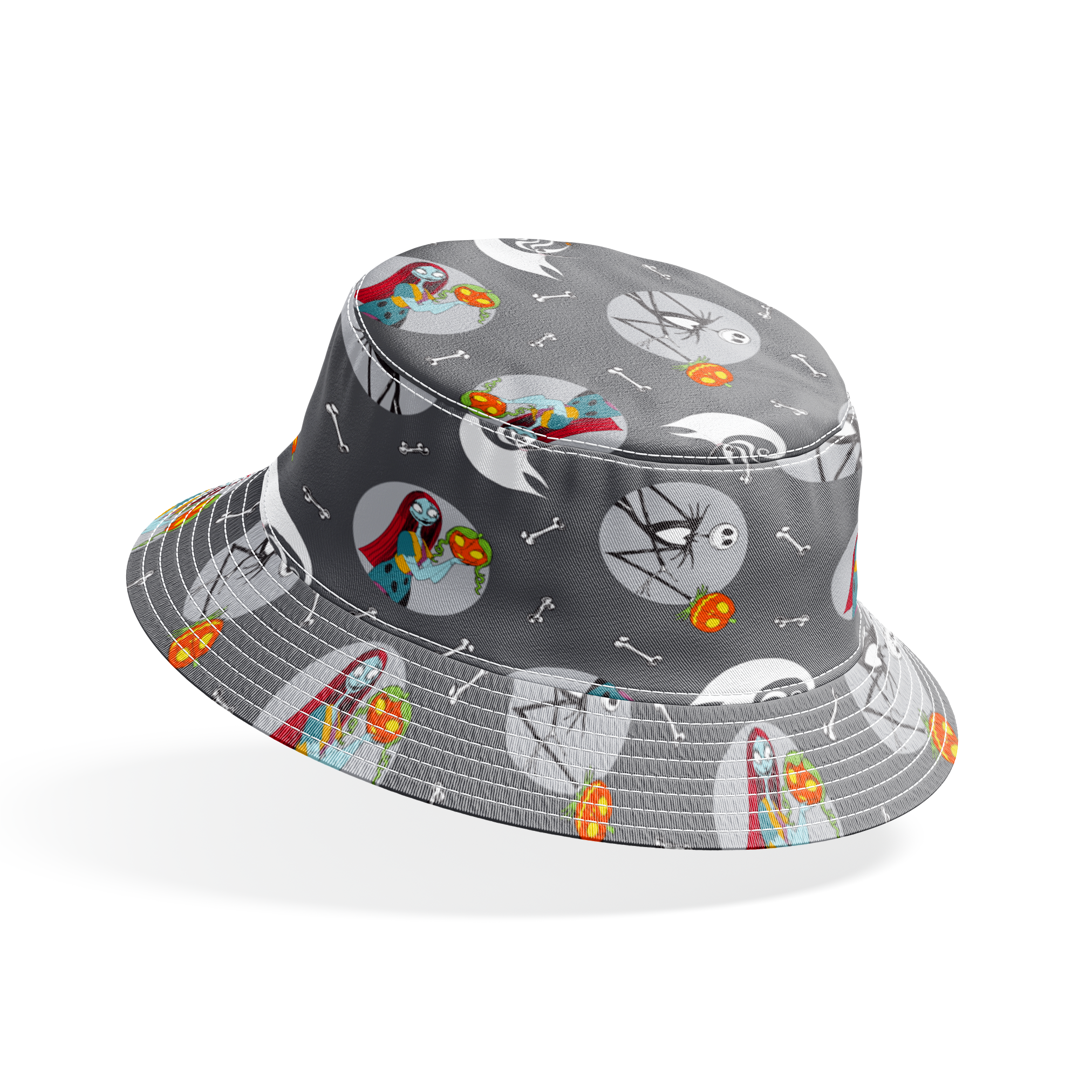 Nightmare Before Christmas themed pattern with Sally and Jack Skellington, pumpkins, bones, and ghostly designs on gray background bucket hat mockup