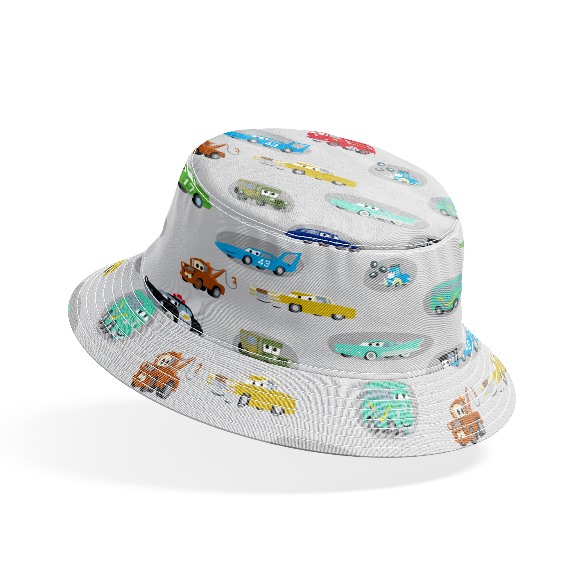 Various cartoon toy cars and vehicles in different colors (red, blue, green, yellow) displayed against a gray background with cute animated faces. bucket hat mockup