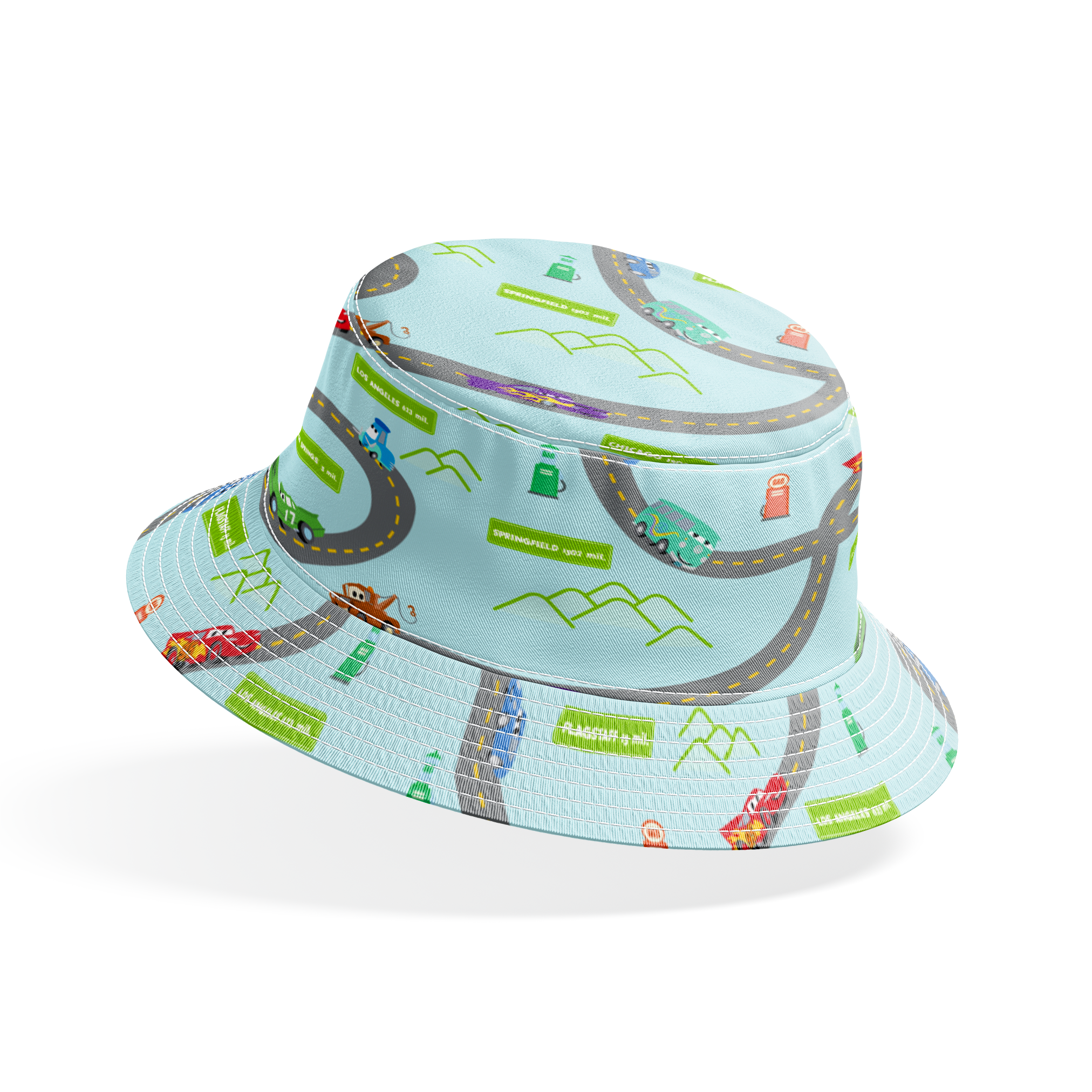 Cars from "Cars" movie on winding road with green speech bubbles showing different car brands and gas stations. bucket hat mockup