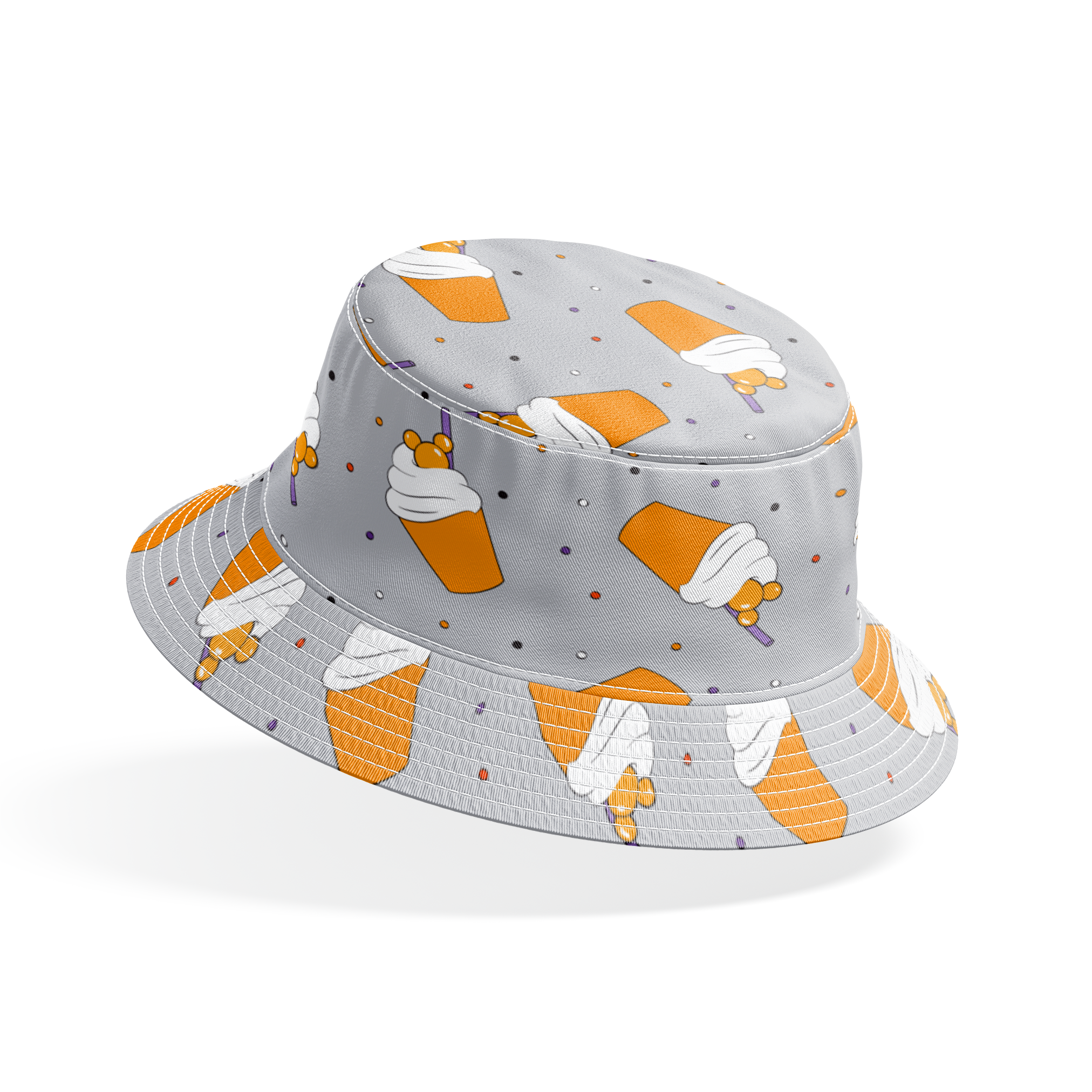 Orange Disney-inspired drinks with whipped cream and purple straws on gray background with colorful dots bucket hat mockup