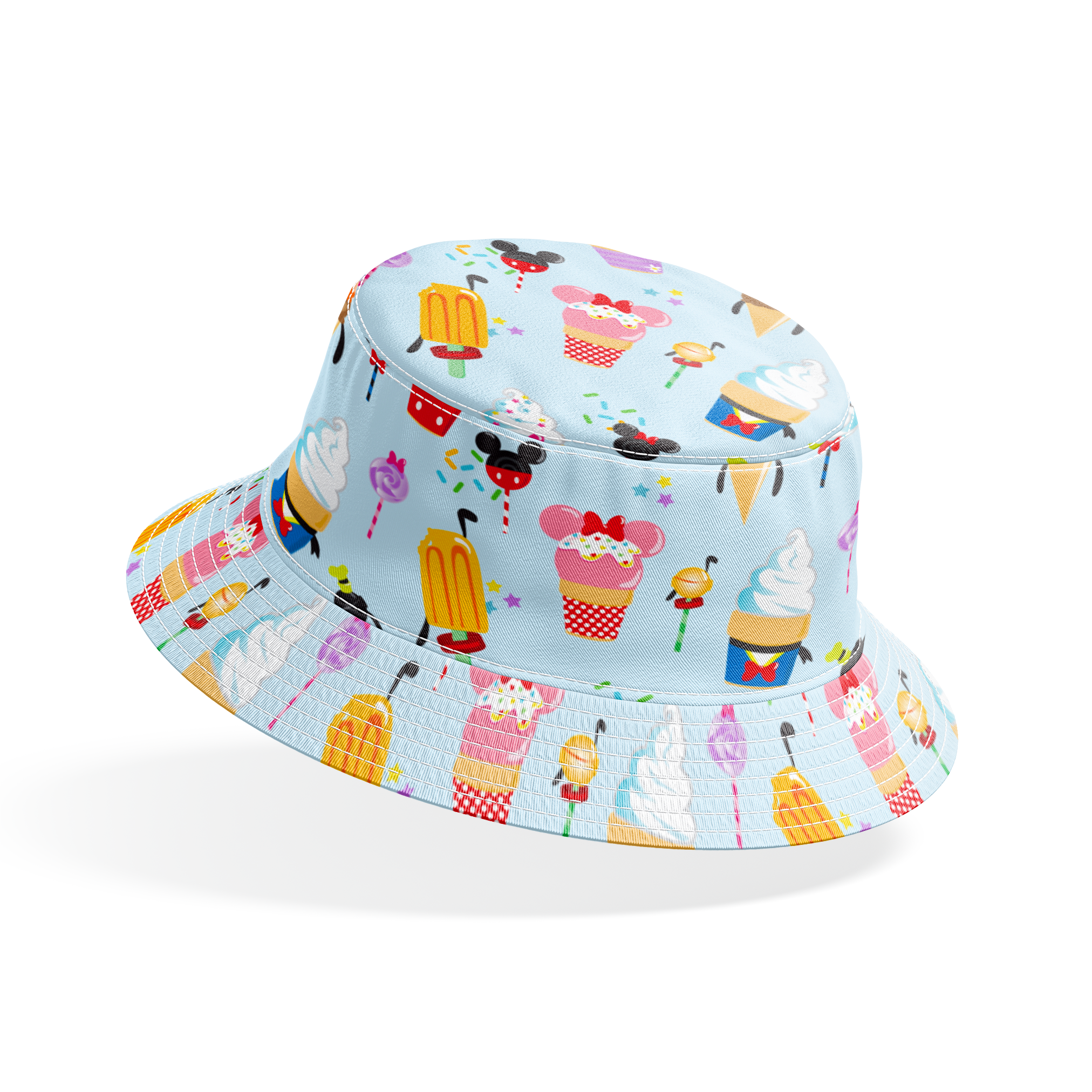 Disney-themed ice cream and sweet treats pattern with Mickey and Minnie icons on light blue background bucket hat mockup
