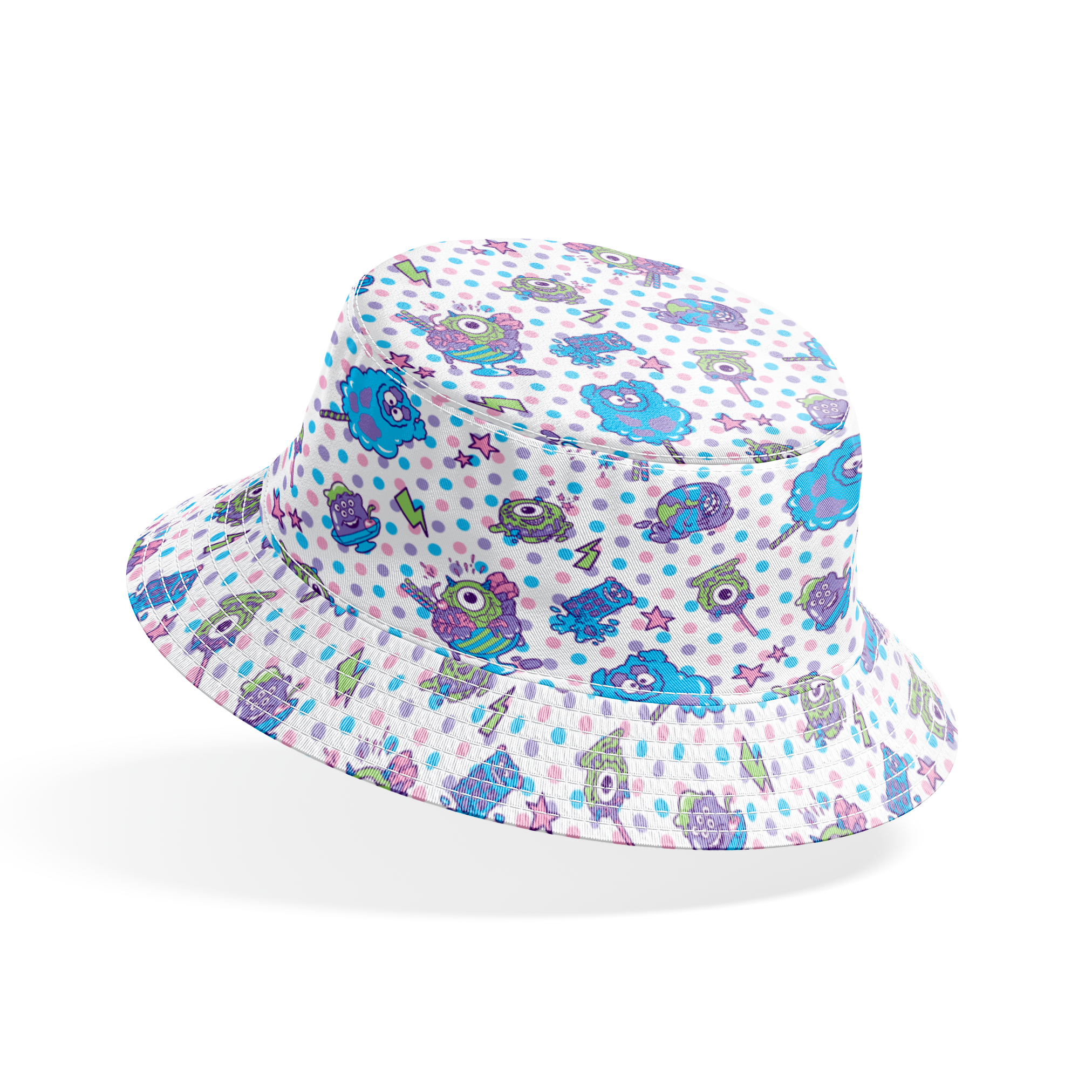Monsters Inc inspired desserts, stars and lightning bolts on polka dot background bucket hat mockup