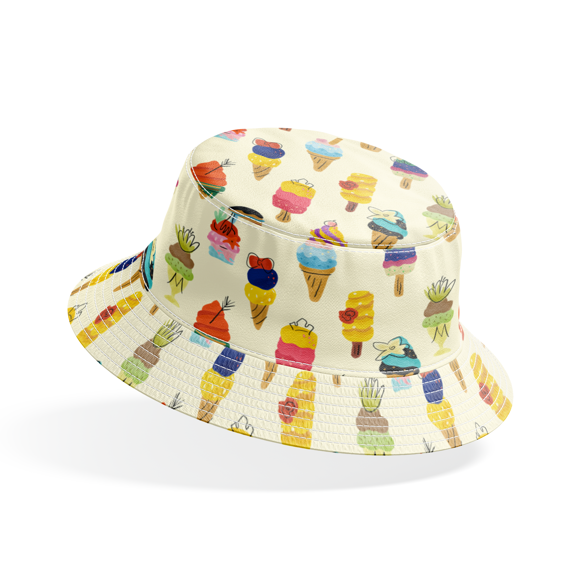 Colorful illustration of Disney Princess-inspired ice cream desserts including cones, popsicles, and sundaes with decorative toppings bucket hat mockup