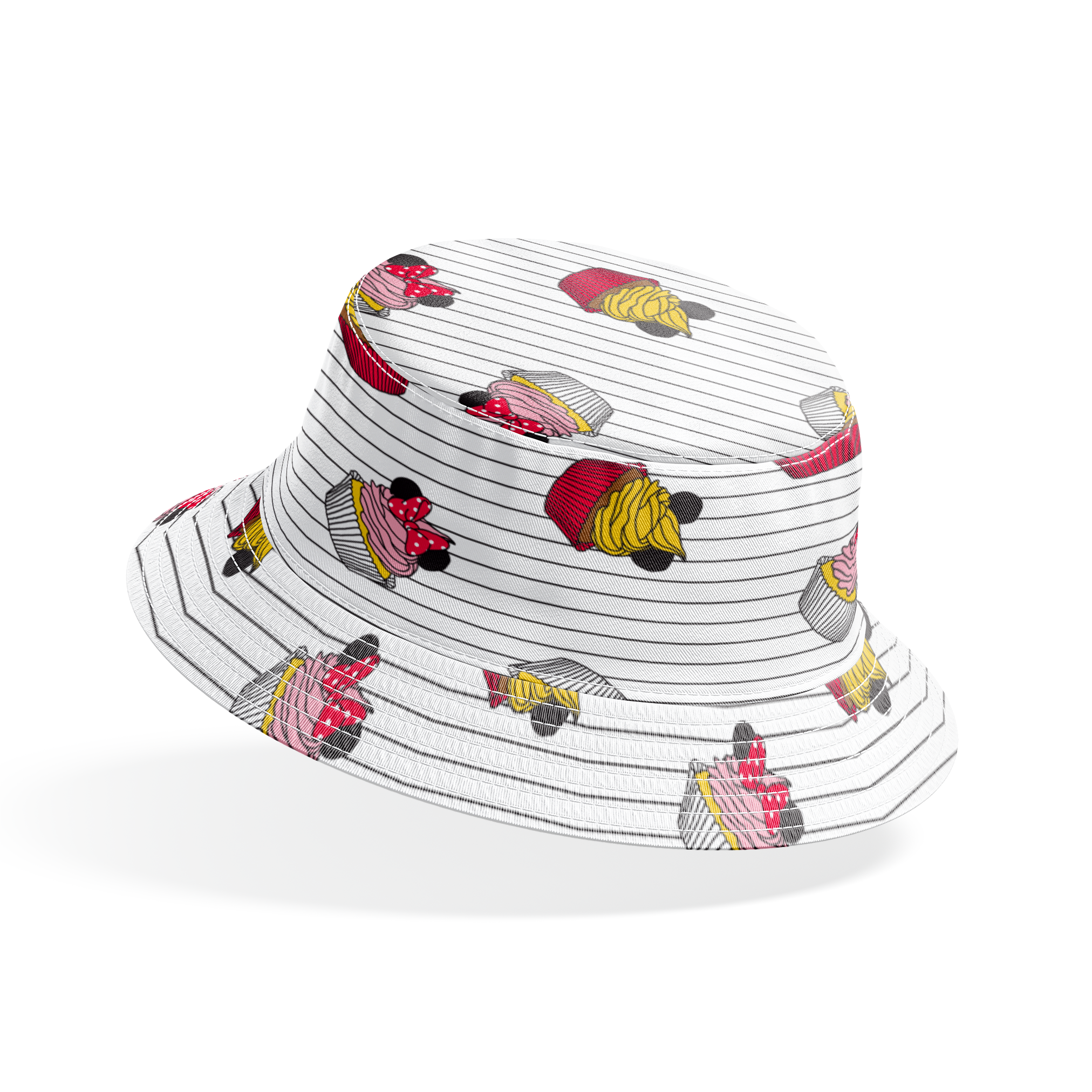 Colorful cartoon cupcakes with Mickey Mouse ears and bows scattered on striped background bucket hat mockup